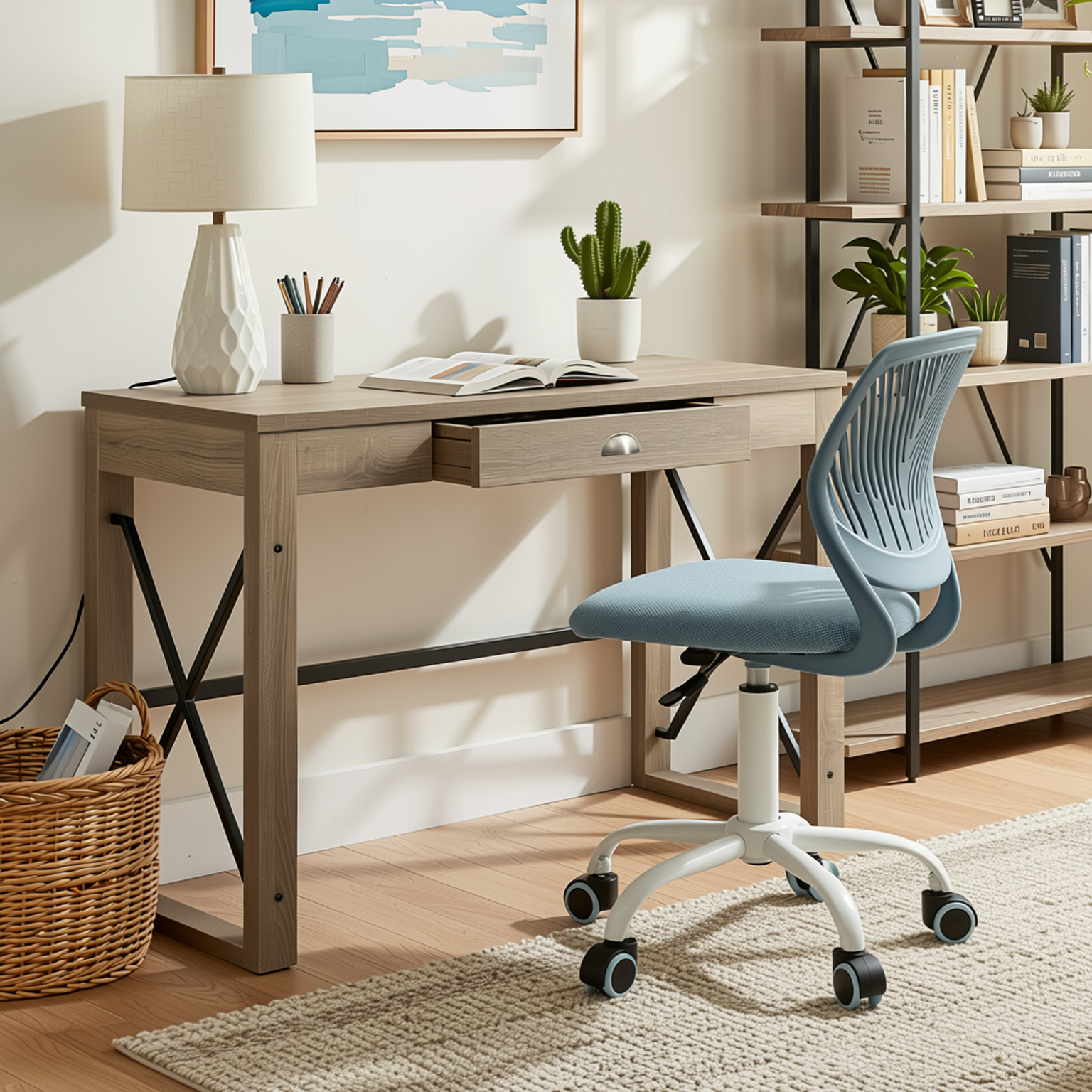 Homy Casa TULIP+CARANTION 2PC Office Furniture Set with Purple Mesh Chair and Sonoma Oak Computer Desk Open Box