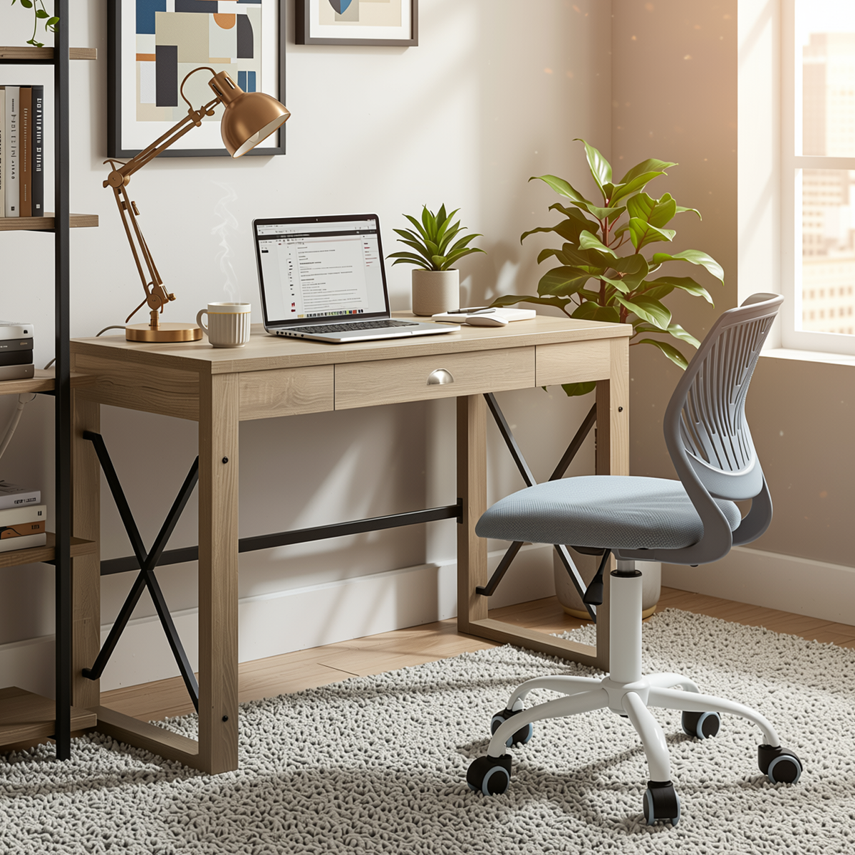 Homy Casa TULIP+CARANTION 2PC Office Furniture Set with Purple Mesh Chair and Sonoma Oak Computer Desk Open Box