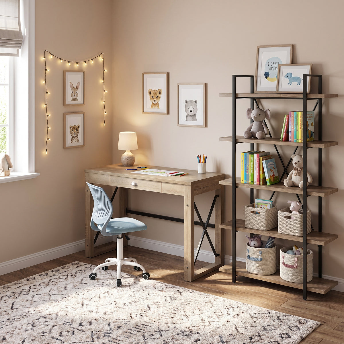 Homy Casa TULIP+CARNATION+LACK 3PC Furniture Set Computer Desk with Blue Office Chair and 5-Tier Shelf Open Box