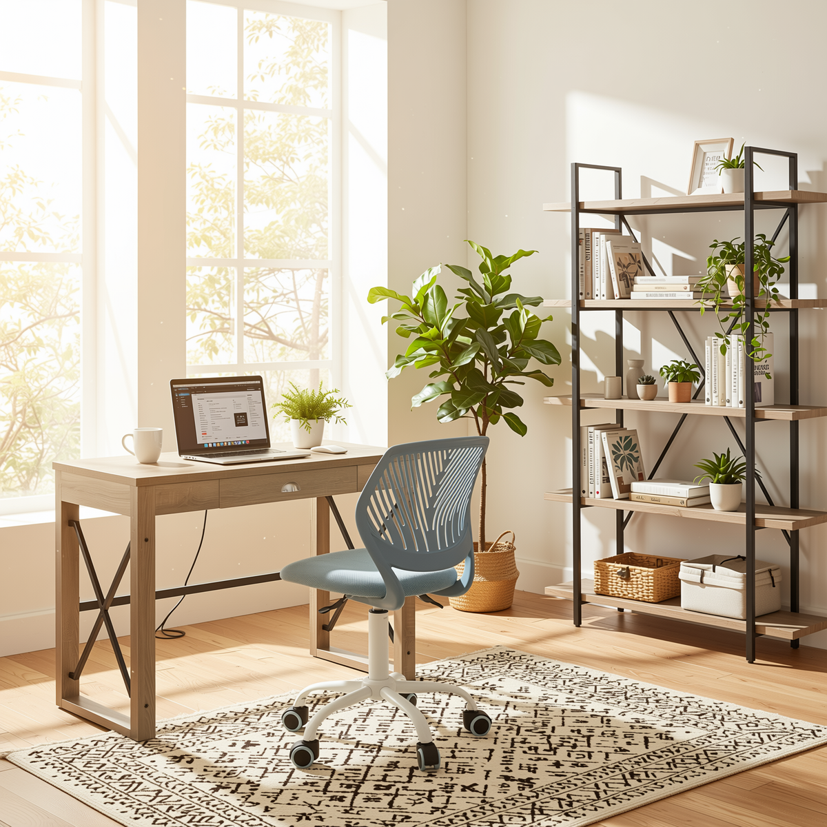 Homy Casa TULIP+CARNATION+LACK 3PC Furniture Set Computer Desk with Blue Office Chair and 5-Tier Shelf Open Box