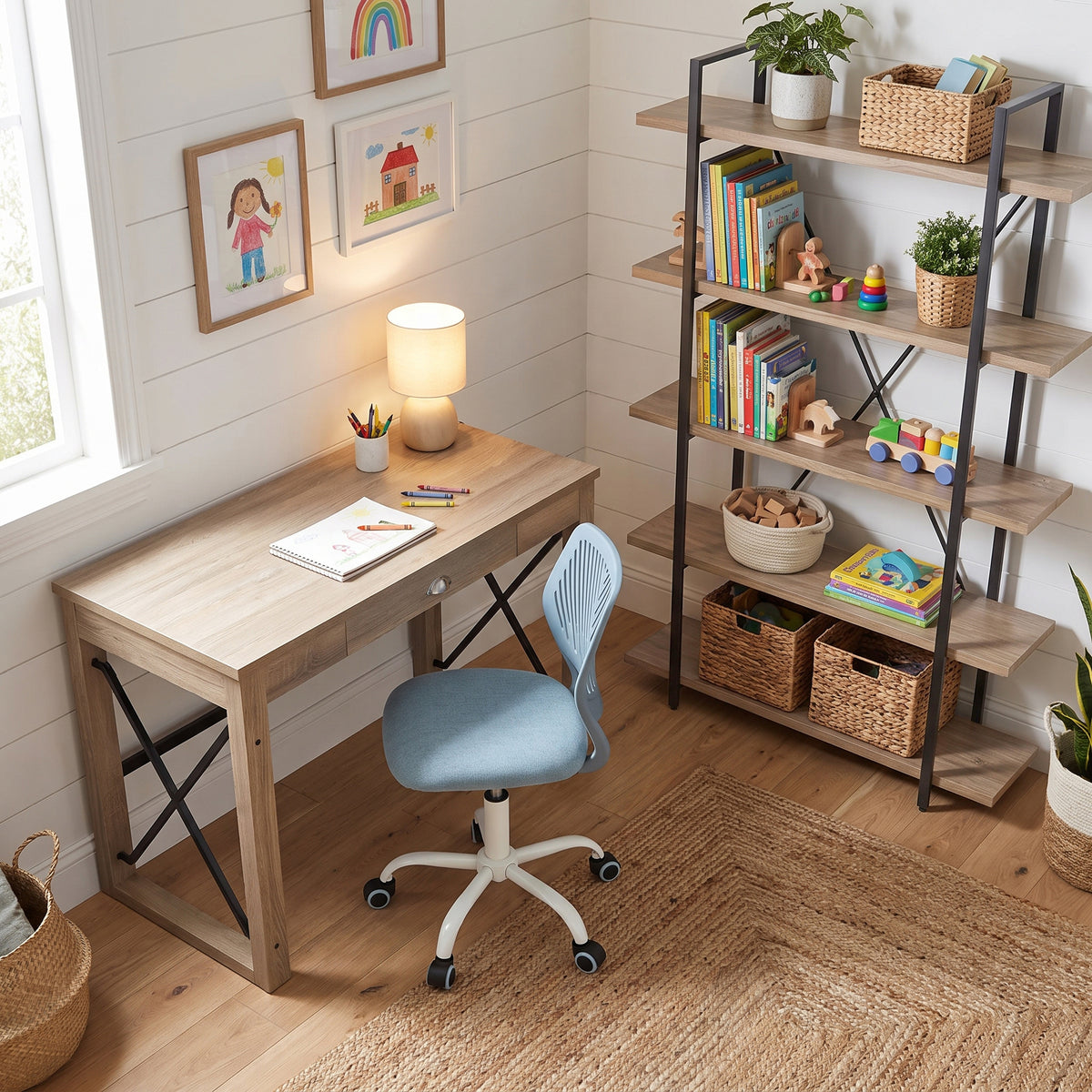 Homy Casa TULIP+CARNATION+LACK 3PC Furniture Set Computer Desk with Blue Office Chair and 5-Tier Shelf Open Box