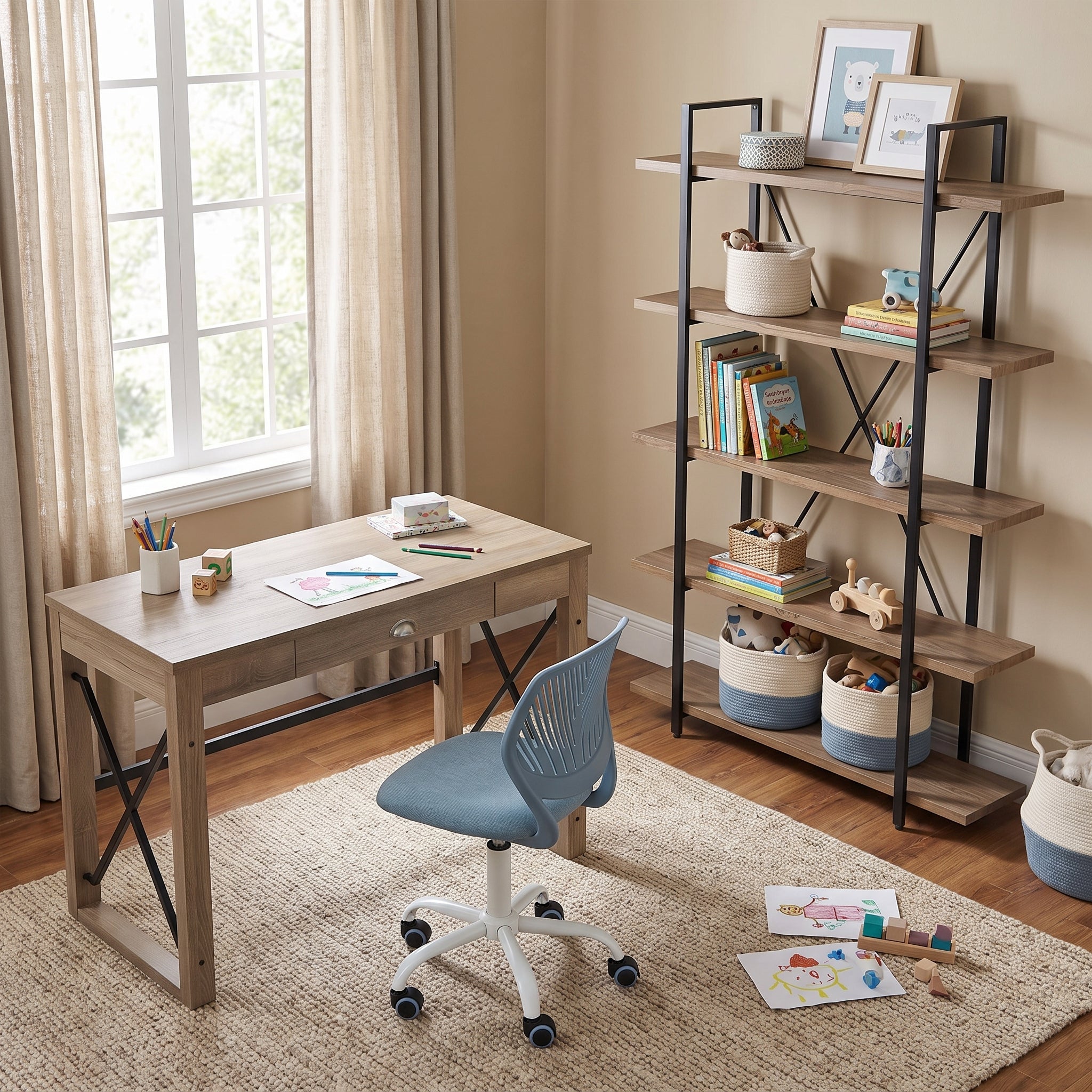 Homy Casa TULIP+CARNATION+LACK 3PC Furniture Set Computer Desk with Blue Office Chair and 5-Tier Shelf Open Box
