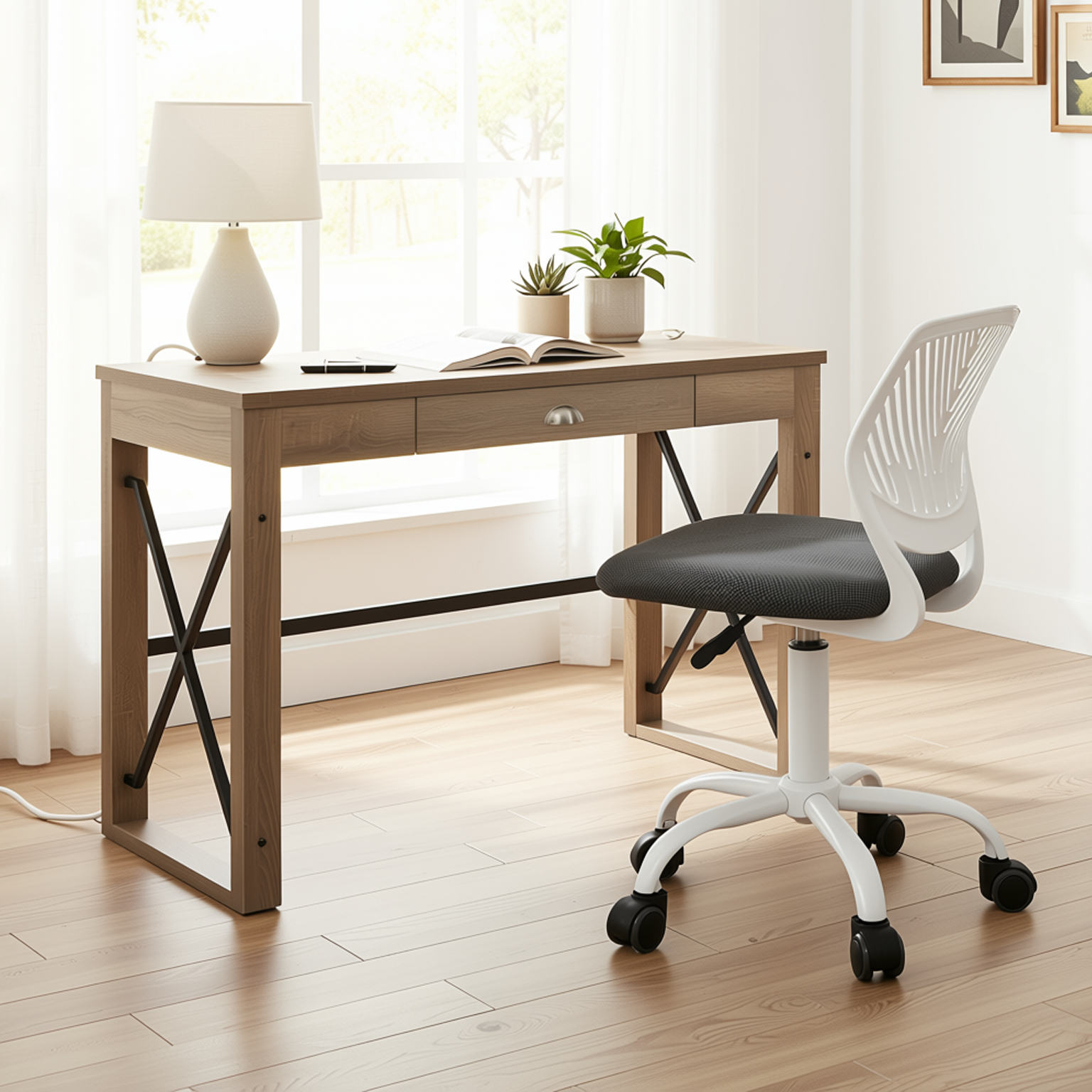 Homy Casa TULIP+CARANTION 2PC Office Furniture Set with Grey Mesh Chair and Computer Desk Open Box