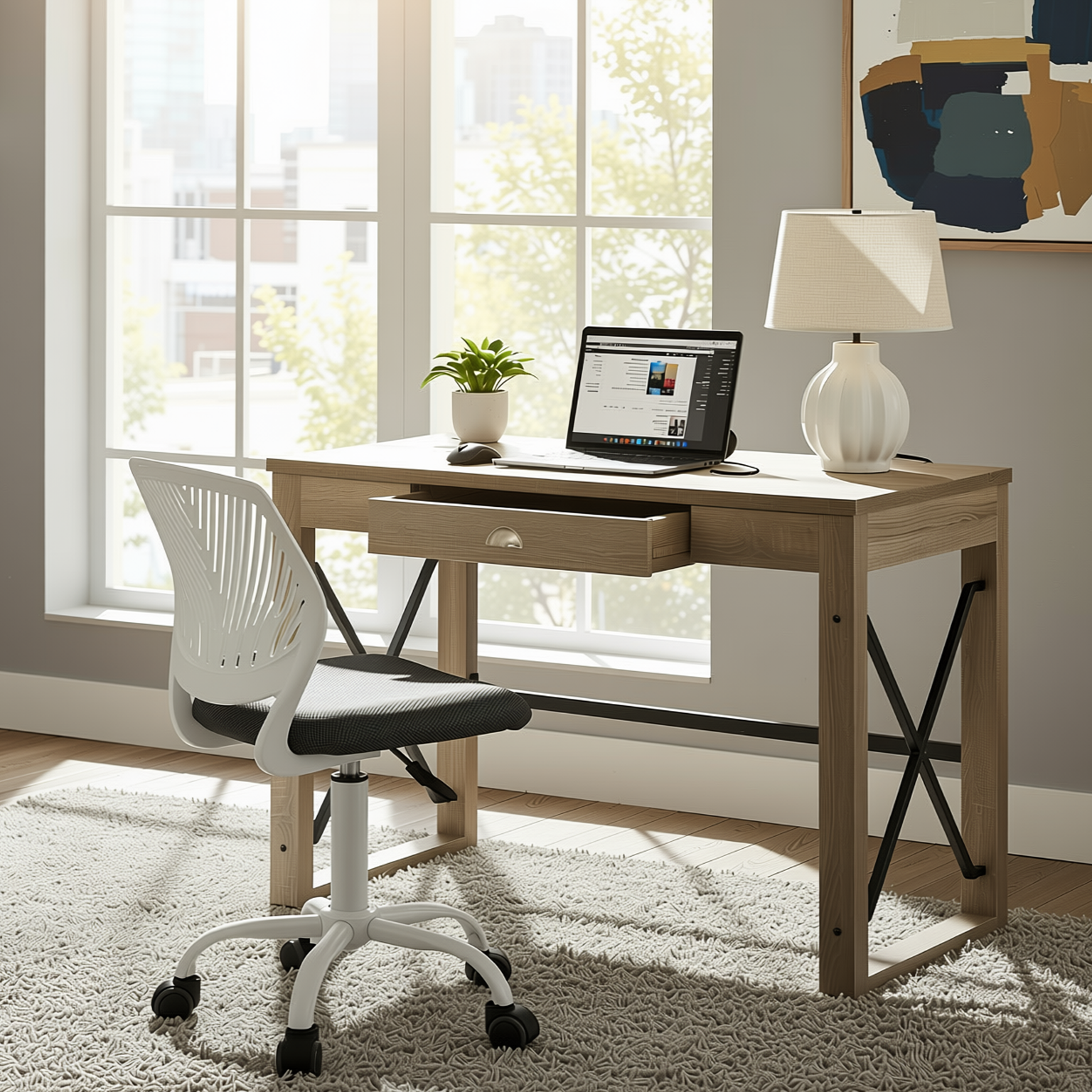 Homy Casa TULIP+CARANTION 2PC Office Furniture Set with Grey Mesh Chair and Computer Desk Open Box