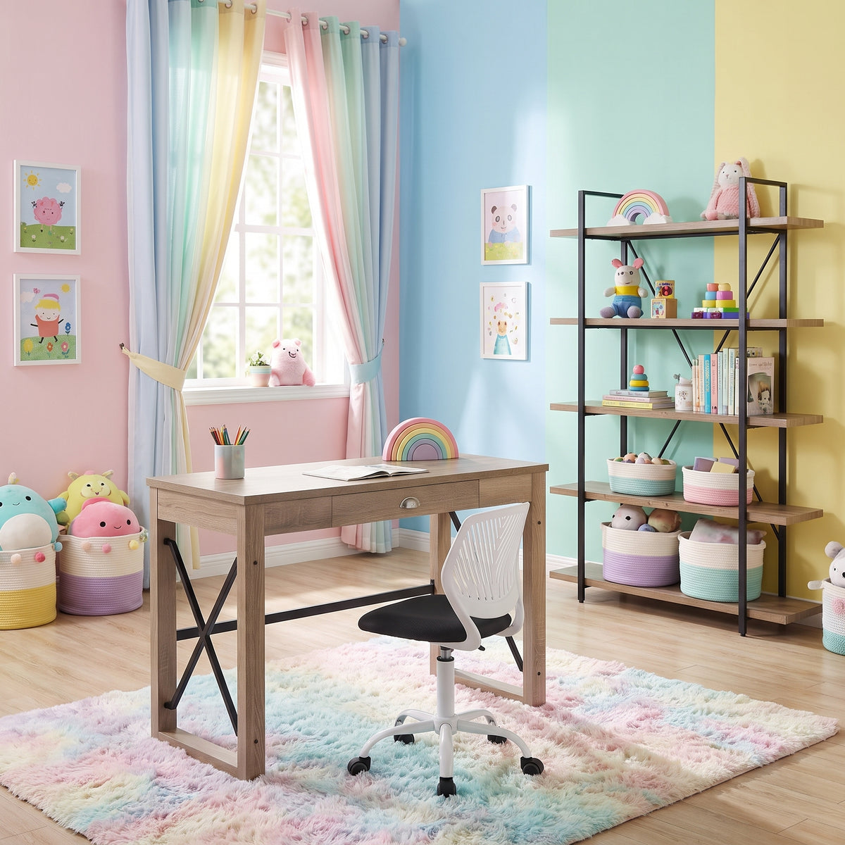 Homy Casa TULIP+CARNATION+LACK 3PC Office Furniture Set with Computer Desk, Grey Chair and 5-Tier Shelving Unit Open Box