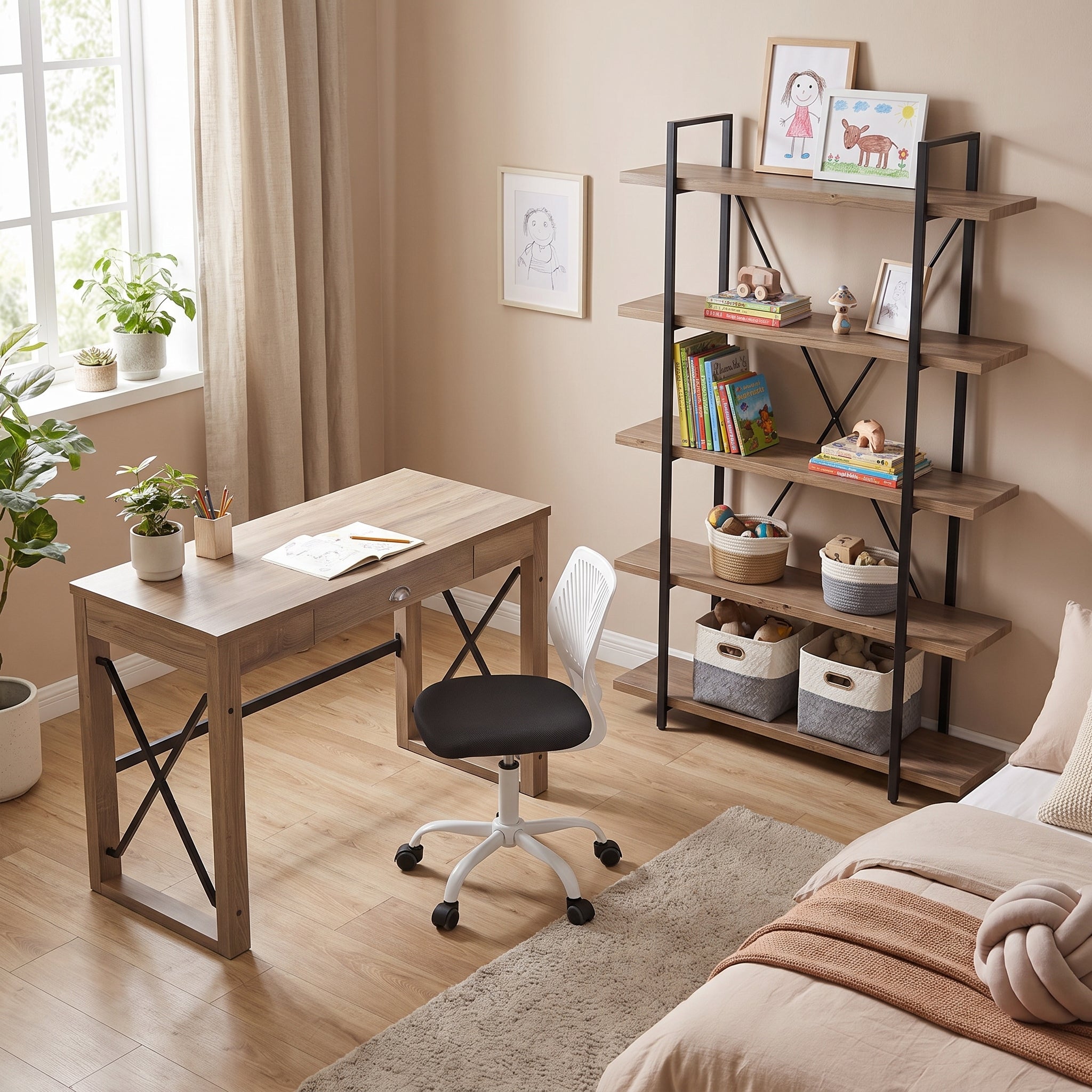 Homy Casa TULIP+CARNATION+LACK 3PC Office Furniture Set with Computer Desk, Grey Chair and 5-Tier Shelving Unit Open Box