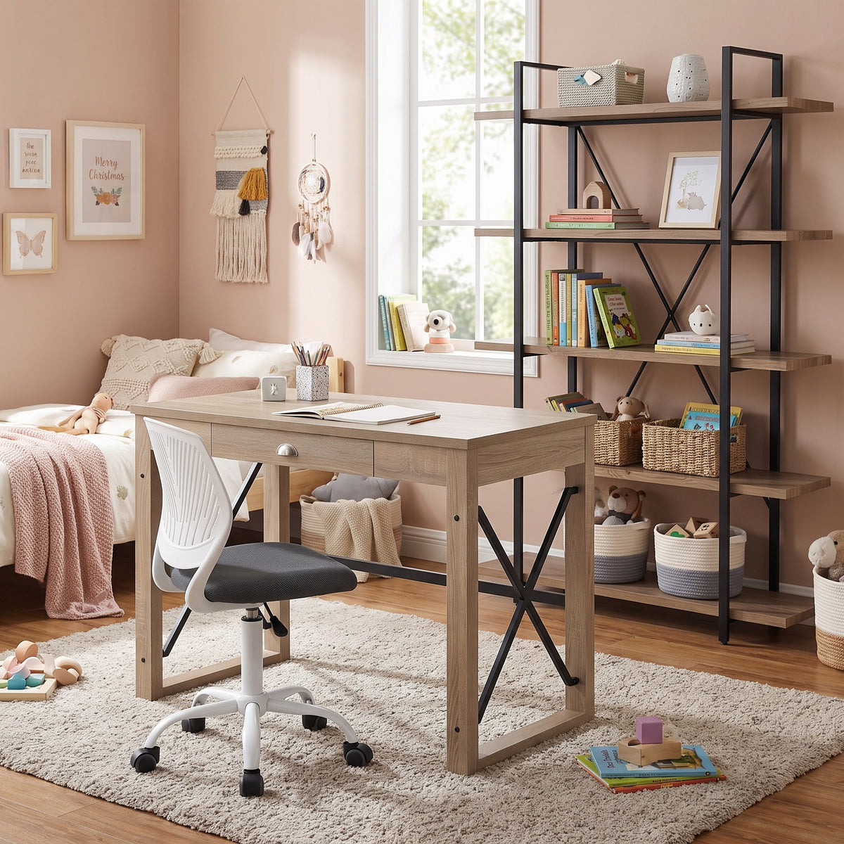 Homy Casa TULIP+CARNATION+LACK 3PC Office Furniture Set with Computer Desk, Grey Chair and 5-Tier Shelving Unit Open Box