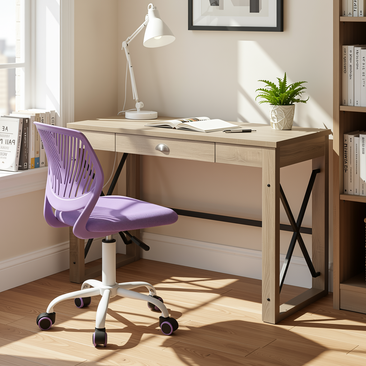 Homy Casa TULIP+CARANTION 2PC Office Furniture Set Computer Desk with Drawer and Purple Mesh Office Chair in Sonoma Oak Open Box