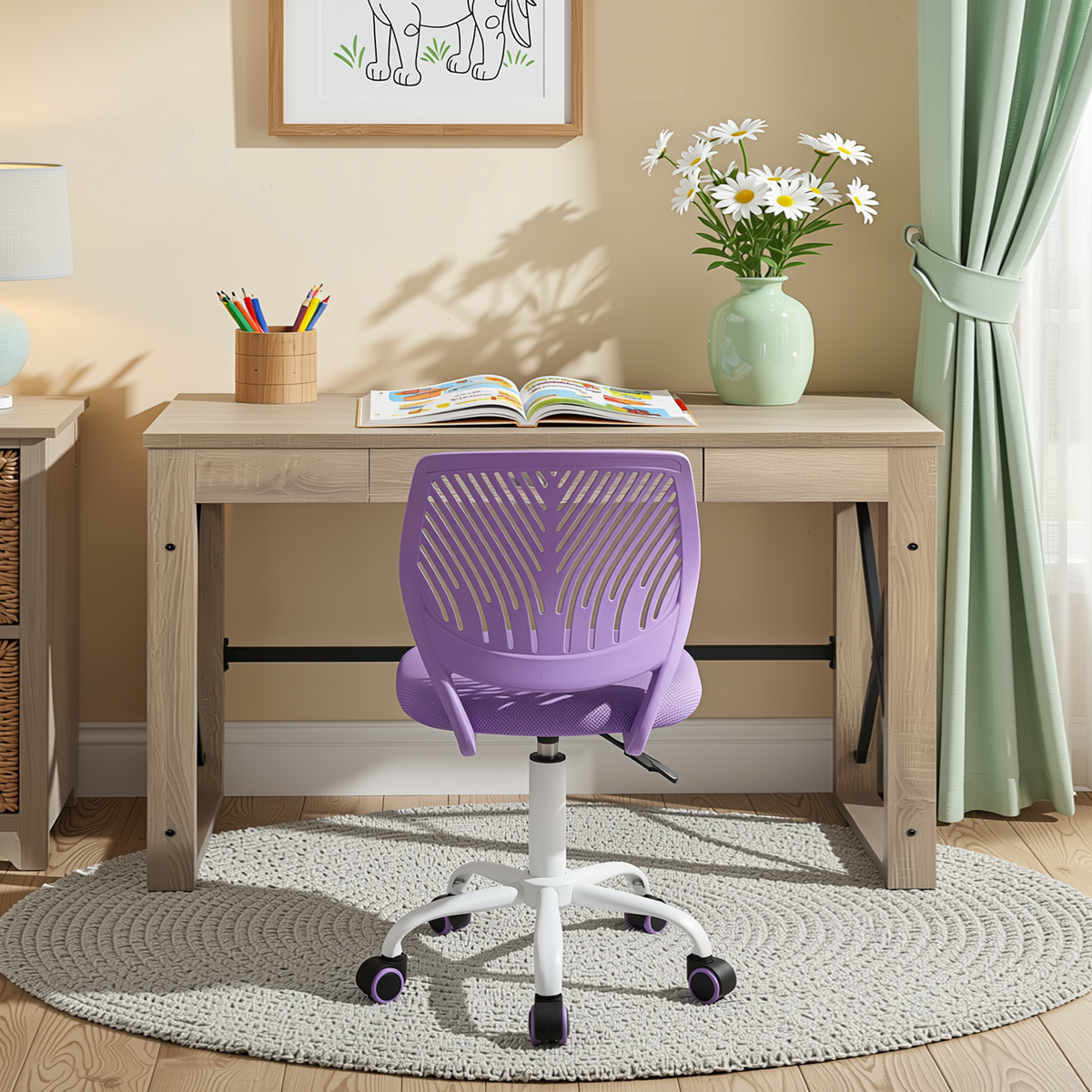 Homy Casa TULIP+CARANTION 2PC Office Furniture Set Computer Desk with Drawer and Purple Mesh Office Chair in Sonoma Oak Open Box