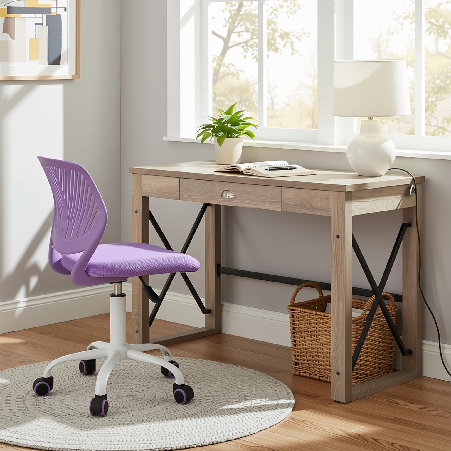 Homy Casa TULIP+CARANTION 2PC Office Furniture Set Computer Desk with Drawer and Purple Mesh Office Chair in Sonoma Oak Open Box