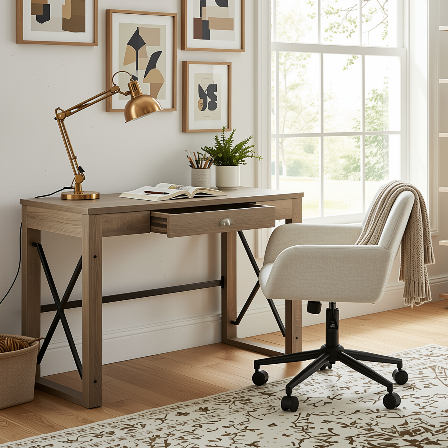 Homy Casa TTULIP+ROSS 2PC Office Furniture Set with Computer Desk and ROSS Beige Chenille Office Chair in Sonoma Oak and Black Open Box