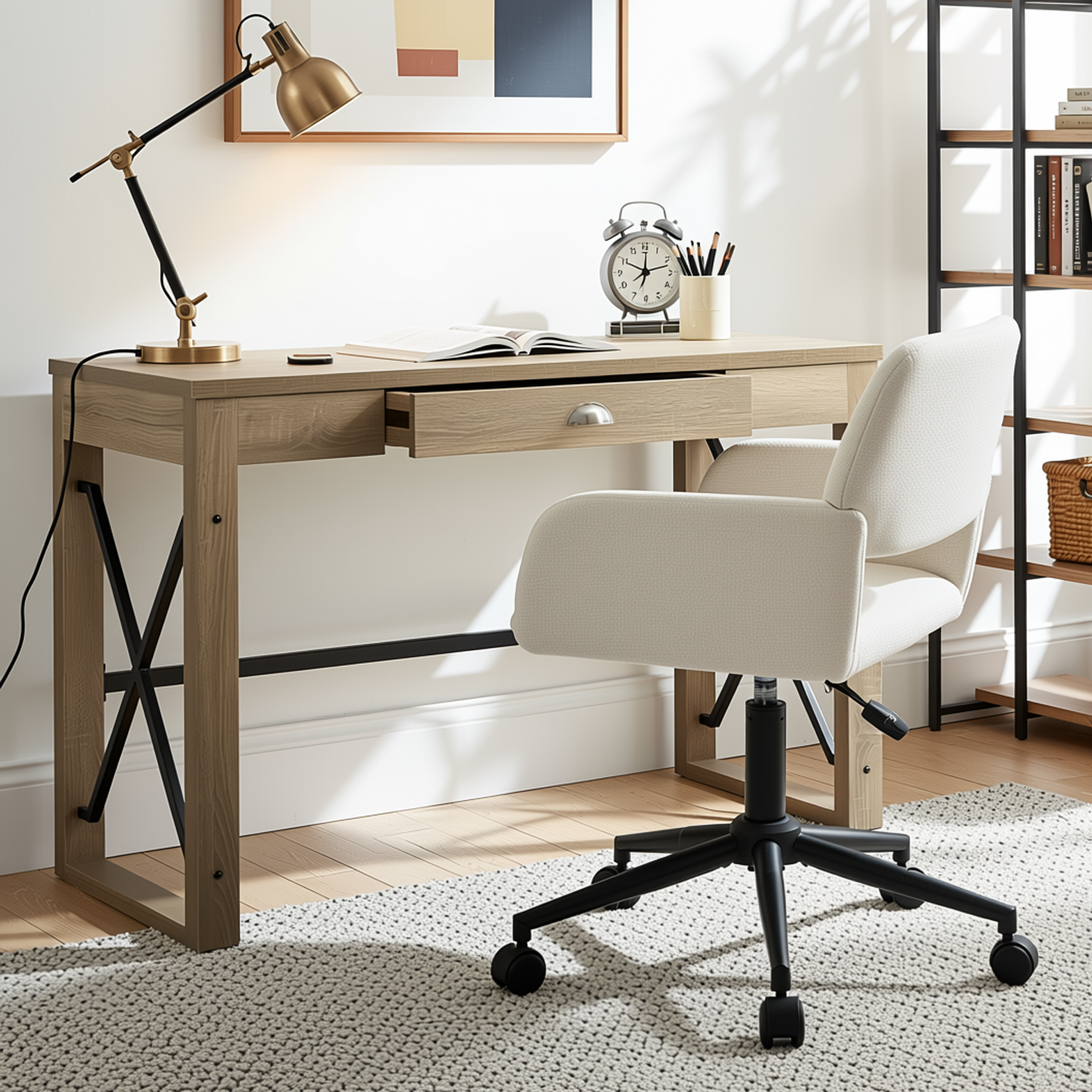 Homy Casa TTULIP+ROSS 2PC Office Furniture Set with Computer Desk and ROSS Beige Chenille Office Chair in Sonoma Oak and Black Open Box