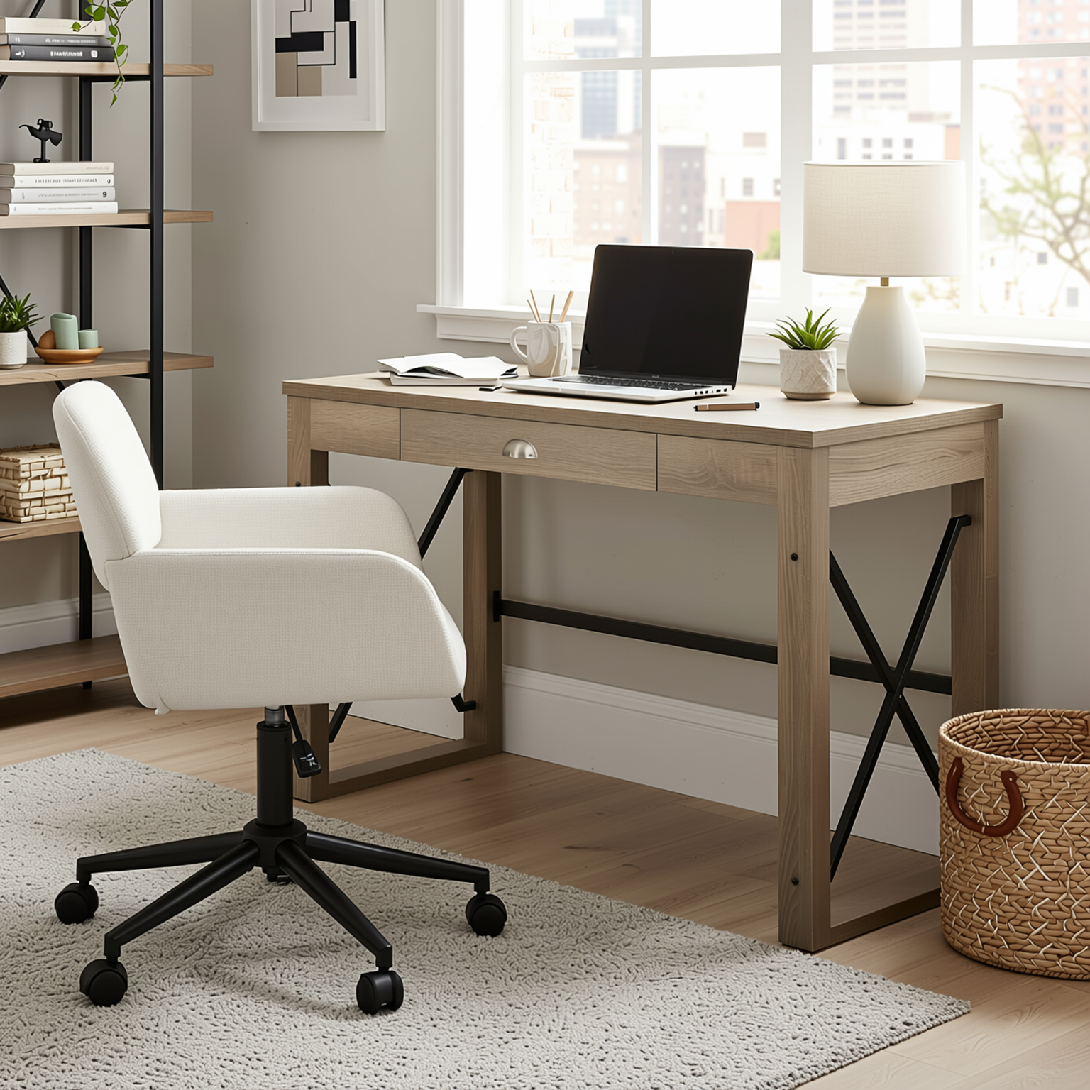 Homy Casa TTULIP+ROSS 2PC Office Furniture Set with Computer Desk and ROSS Beige Chenille Office Chair in Sonoma Oak and Black Open Box