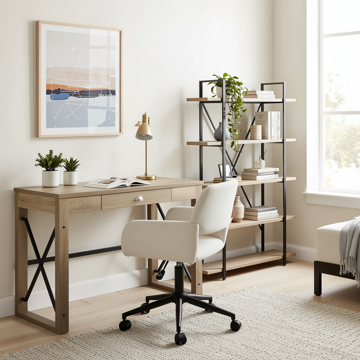 Homy Casa TULIP+ROSS+LACK 3PC Office Furniture Set Computer Desk, Chenille Office Chair and 5-Tier Shel Open Box