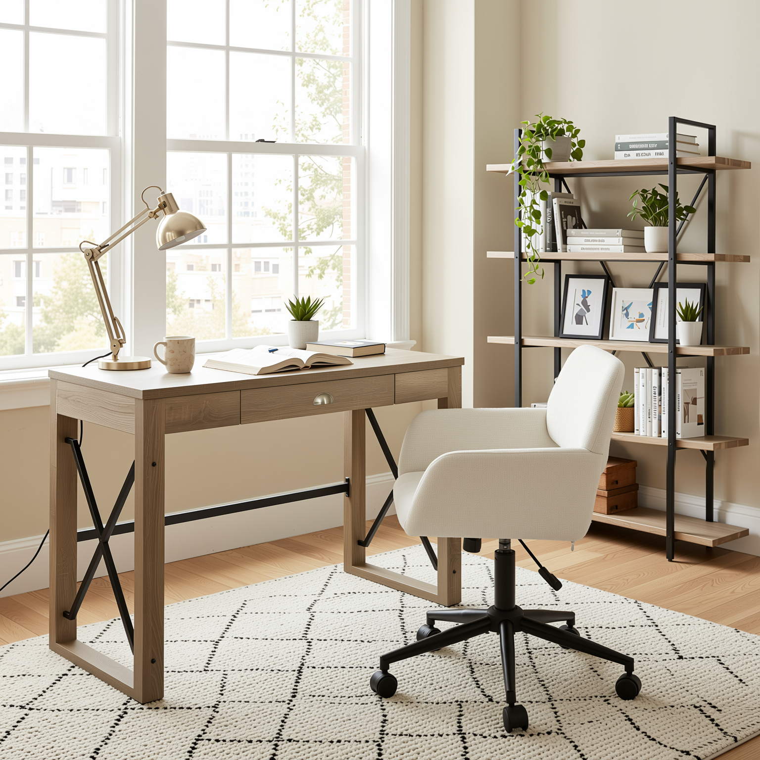 Homy Casa TULIP+ROSS+LACK 3PC Office Furniture Set Computer Desk, Chenille Office Chair and 5-Tier Shel Open Box