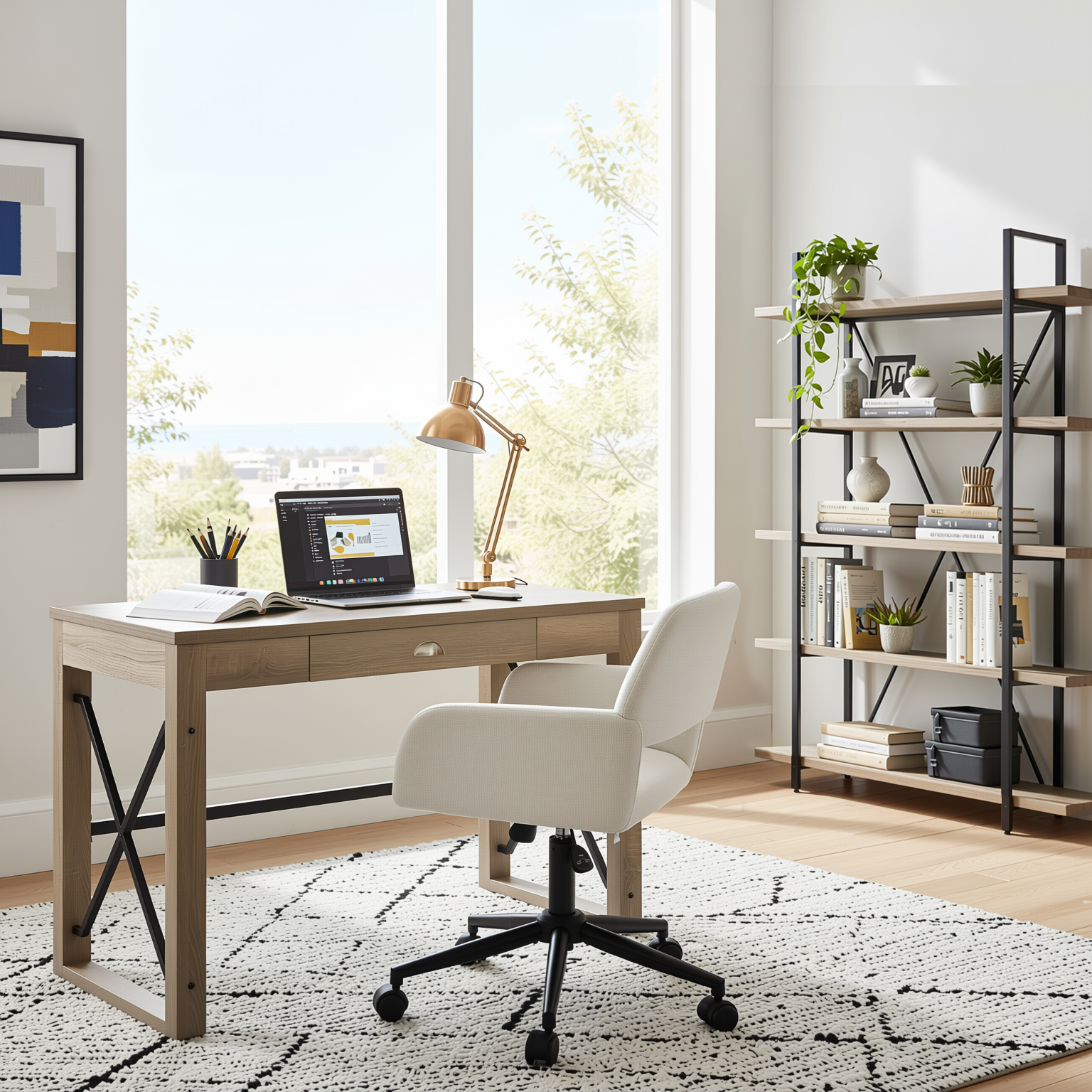 Homy Casa TULIP+ROSS+LACK 3PC Office Furniture Set Computer Desk, Chenille Office Chair and 5-Tier Shel Open Box
