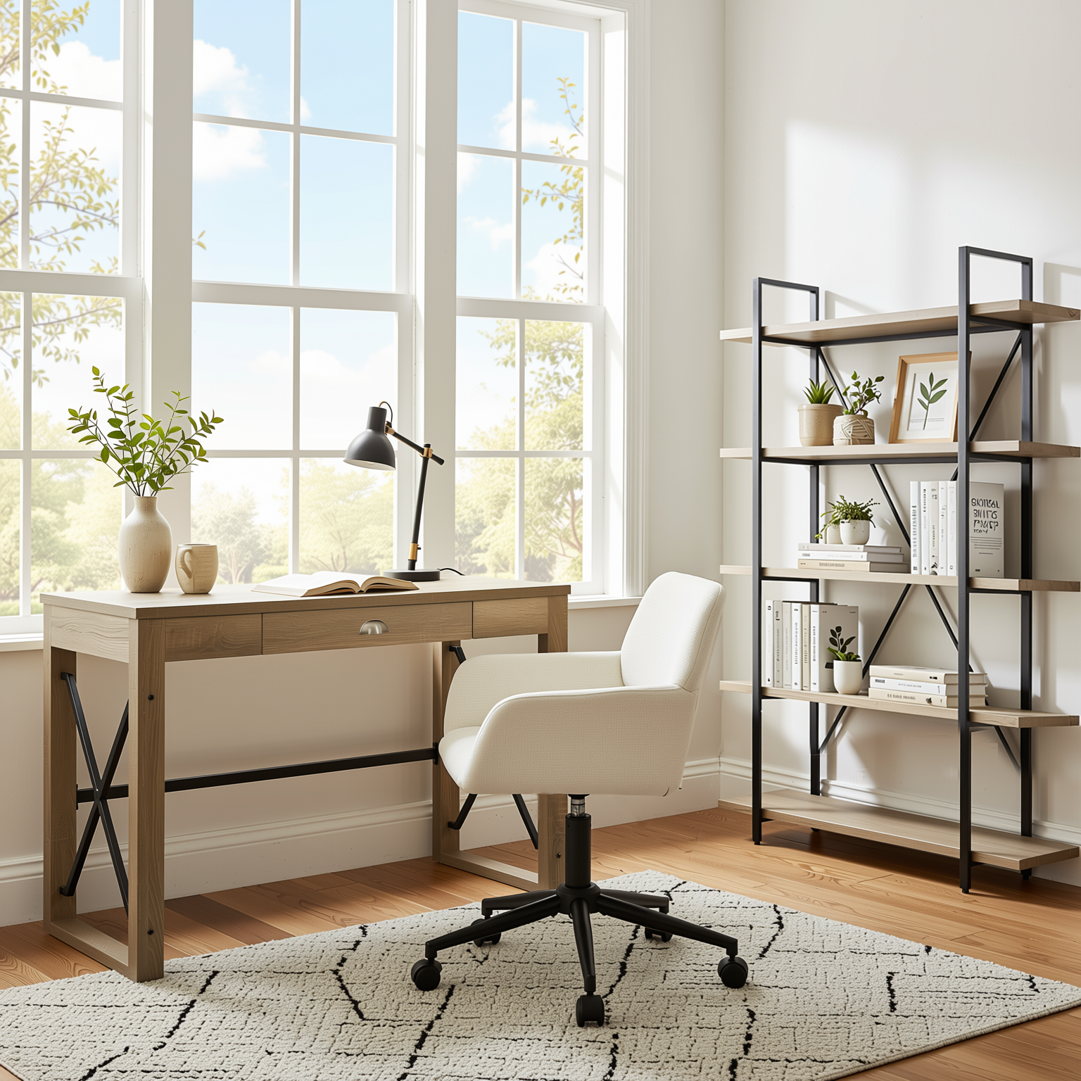 Homy Casa TULIP+ROSS+LACK 3PC Office Furniture Set Computer Desk, Chenille Office Chair and 5-Tier Shel Open Box