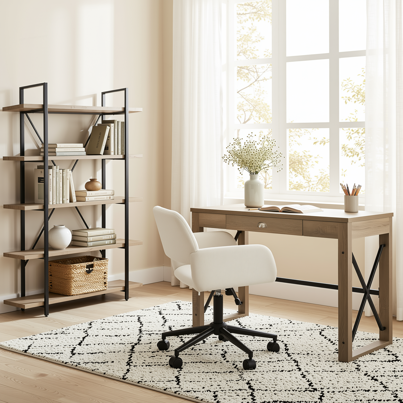 Homy Casa TULIP+ROSS+LACK 3PC Office Furniture Set Computer Desk, Chenille Office Chair and 5-Tier Shel Open Box