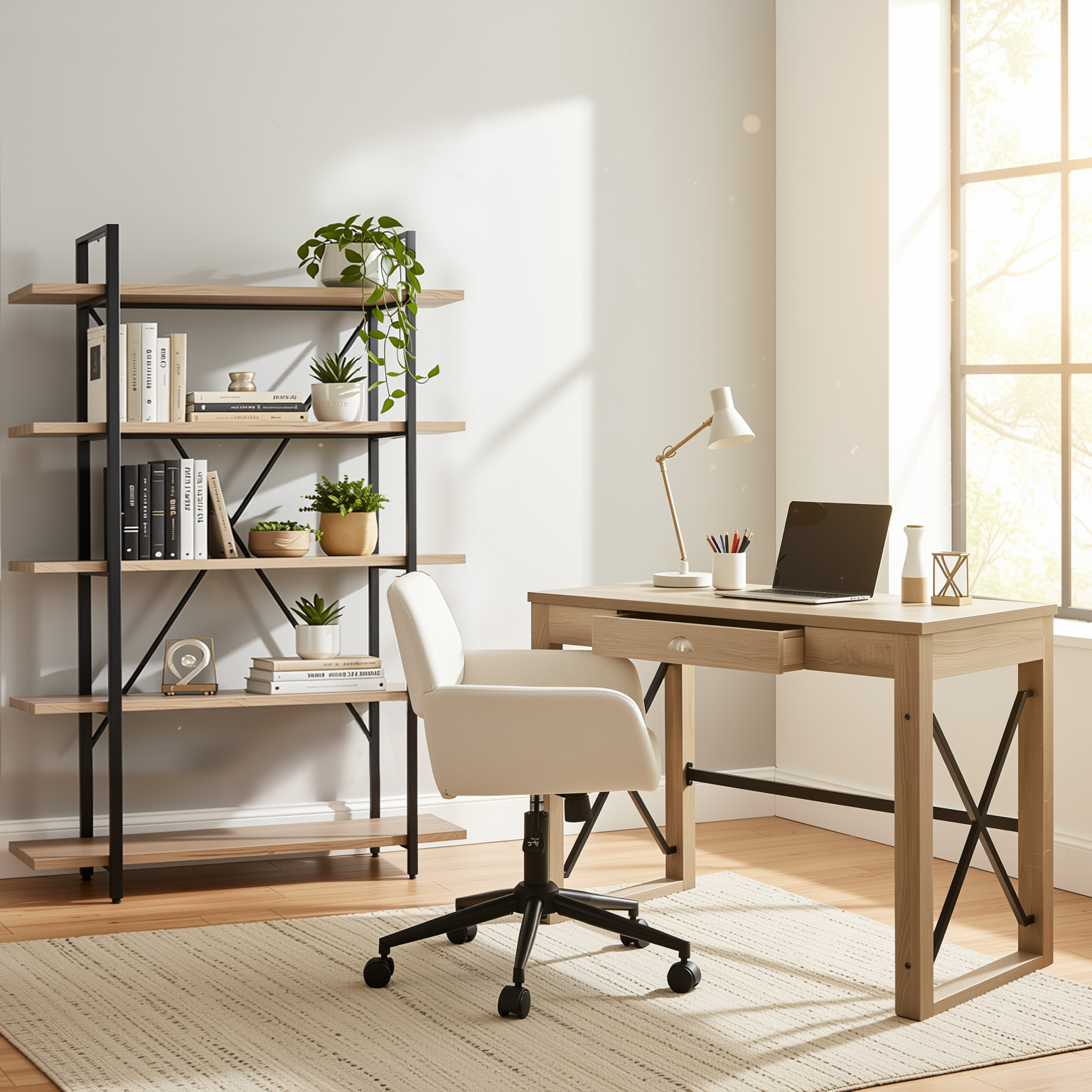 Homy Casa TULIP+ROSS+LACK 3PC Office Furniture Set Computer Desk, Chenille Office Chair and 5-Tier Shel Open Box