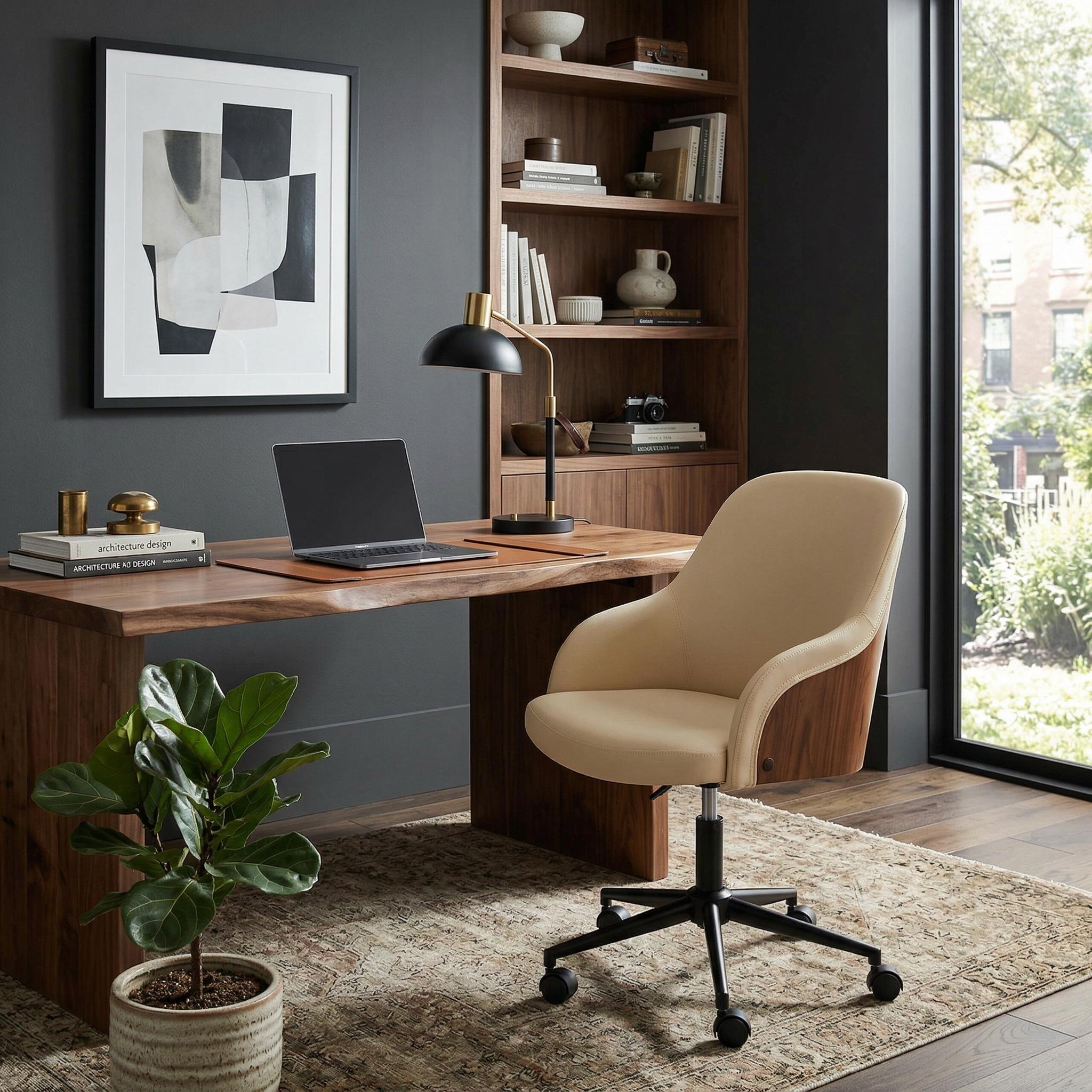 Teyon Mid-Century Swivel Office Chair with Faux Leather Upholstered Seat