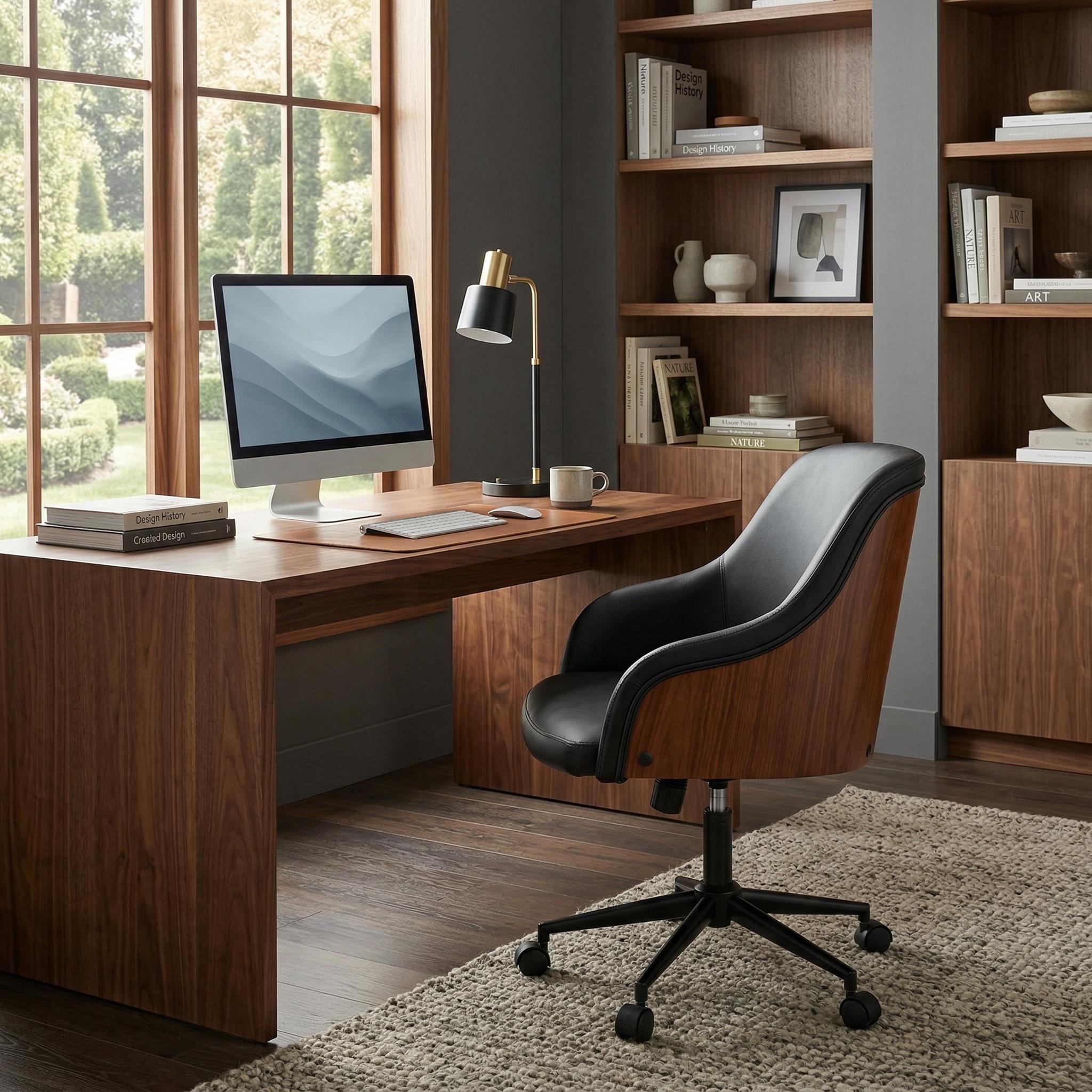 Teyon Mid-Century Swivel Office Chair with Faux Leather Upholstered Seat