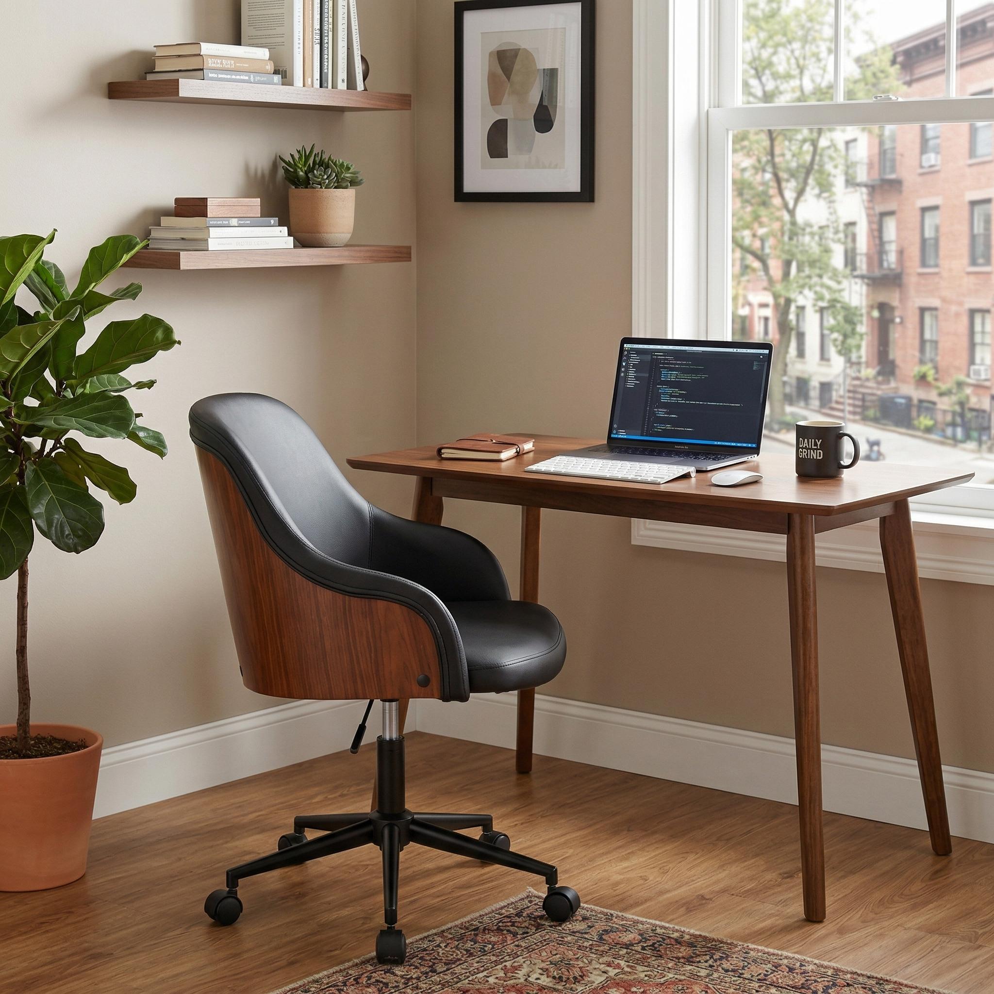Teyon Mid-Century Swivel Office Chair with Faux Leather Upholstered Seat