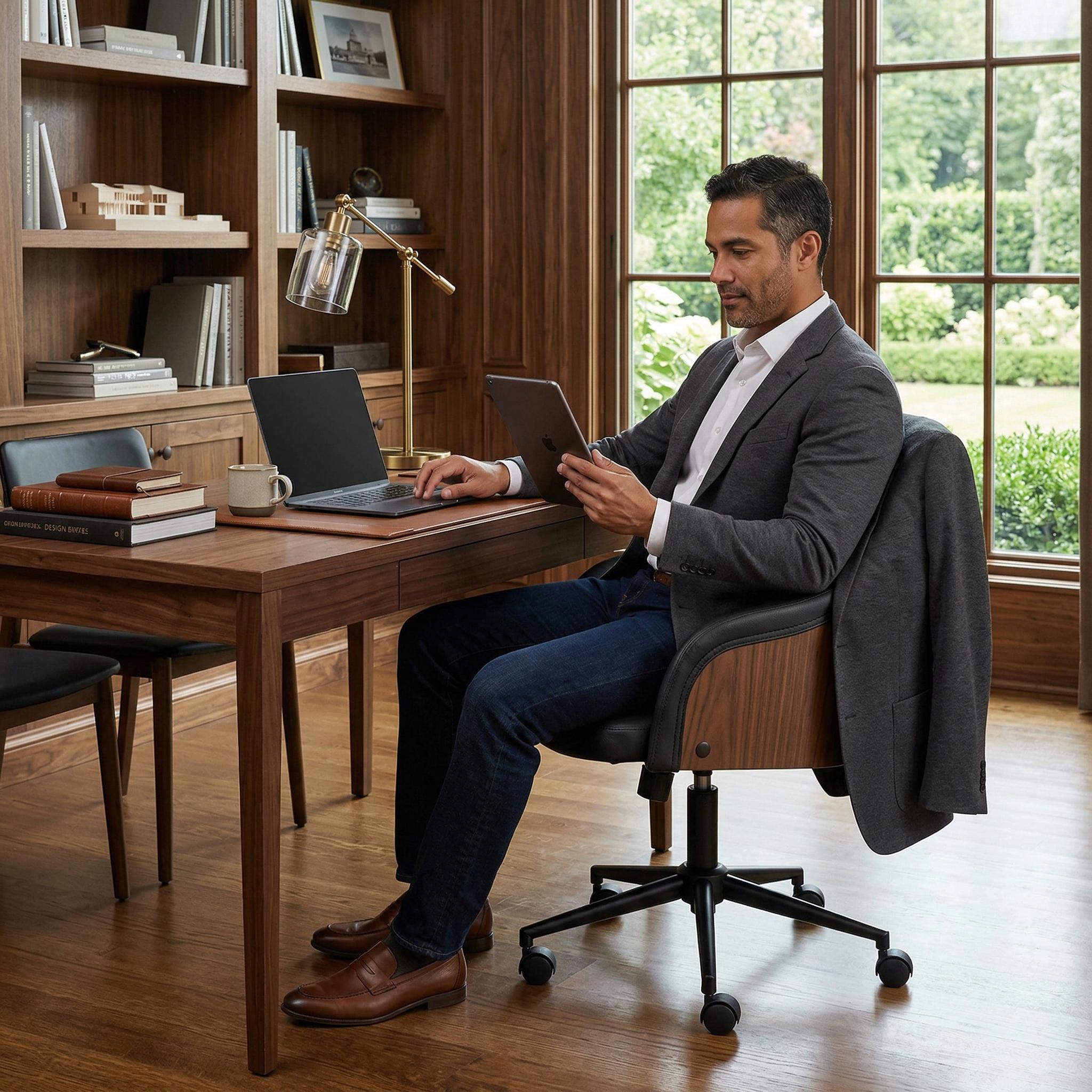 Teyon Mid-Century Swivel Office Chair with Faux Leather Upholstered Seat