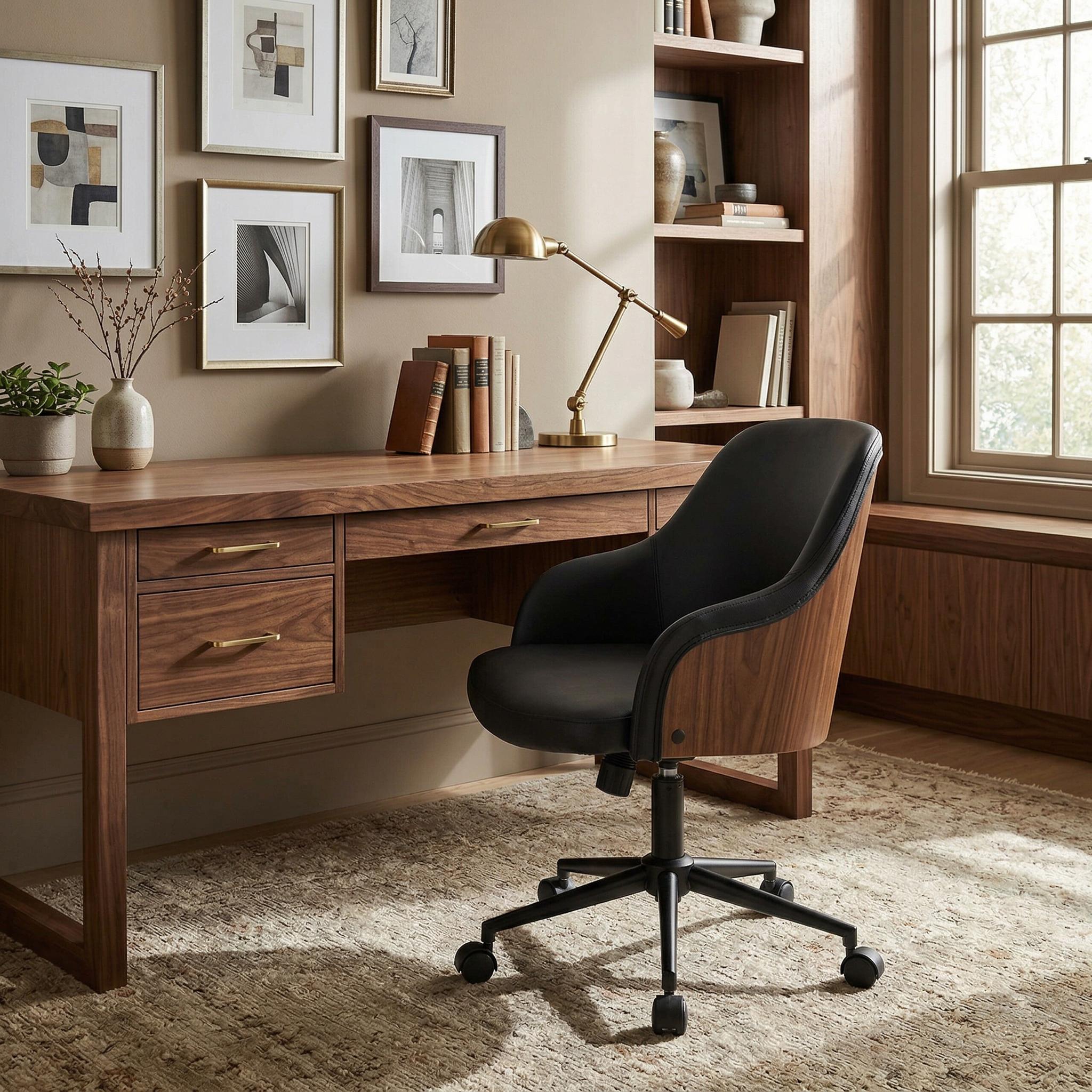 Teyon Mid-Century Swivel Office Chair with Faux Leather Upholstered Seat