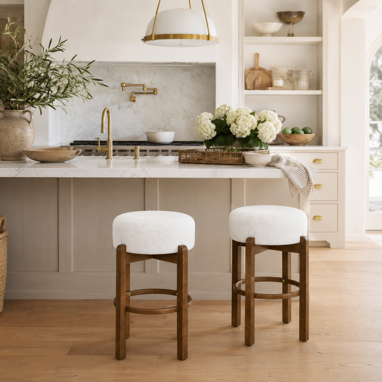 Treviso 30" Walnut Backless Wooden Upholstered Bar Stools Set of 2