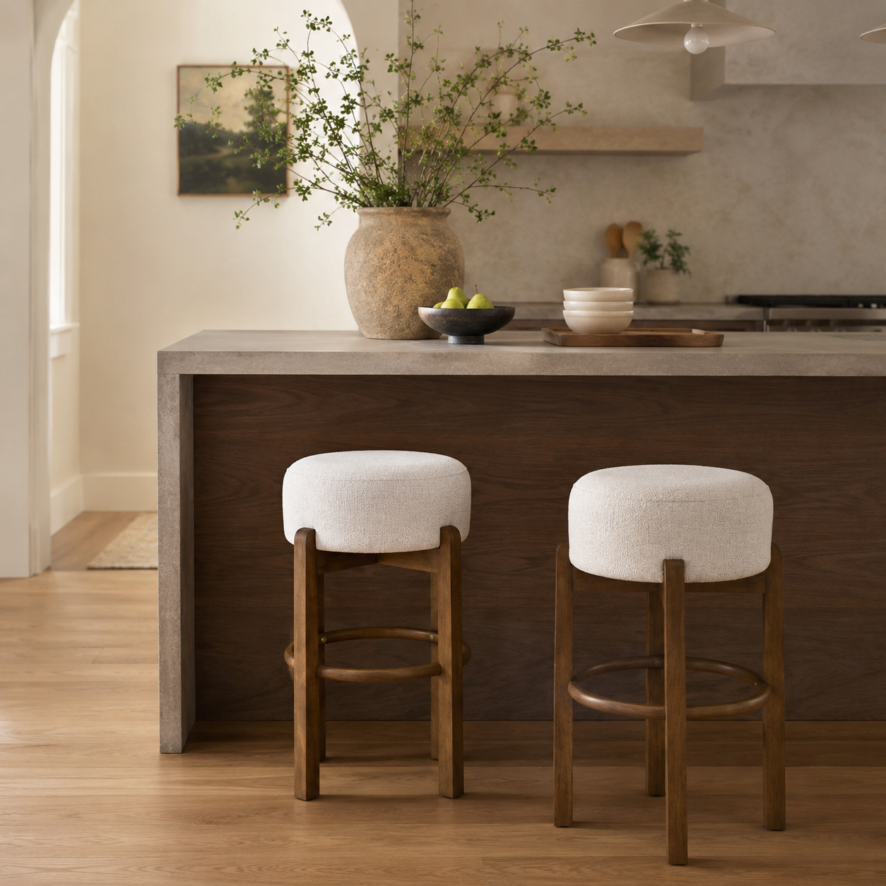 Treviso 30" Walnut Backless Wooden Upholstered Bar Stools Set of 2