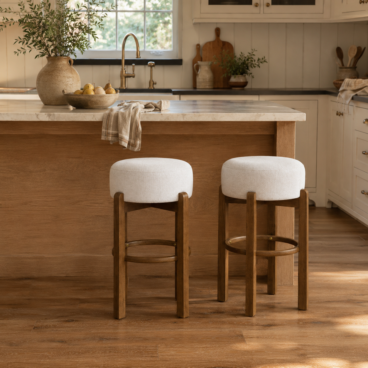 Treviso 30" Walnut Backless Wooden Upholstered Bar Stools Set of 2