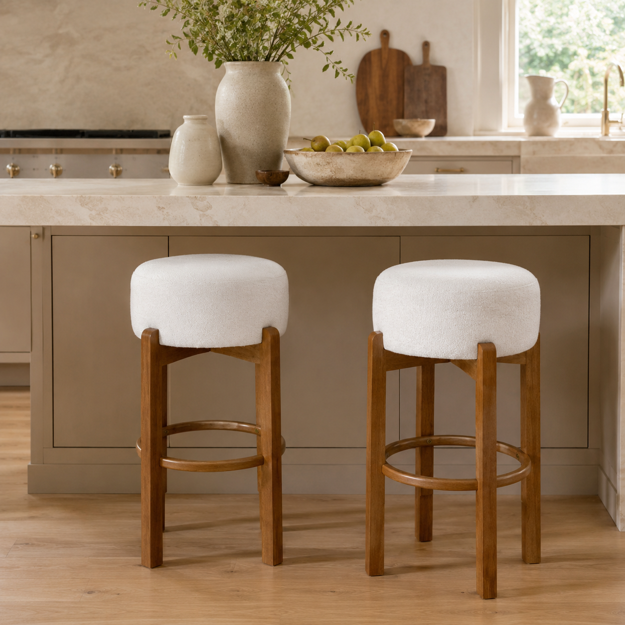 Treviso 30" Walnut Backless Wooden Upholstered Bar Stools Set of 2