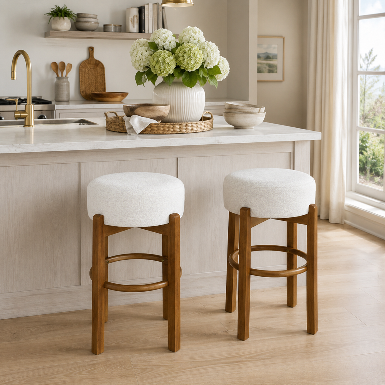 Treviso 30" Walnut Backless Wooden Upholstered Bar Stools Set of 2