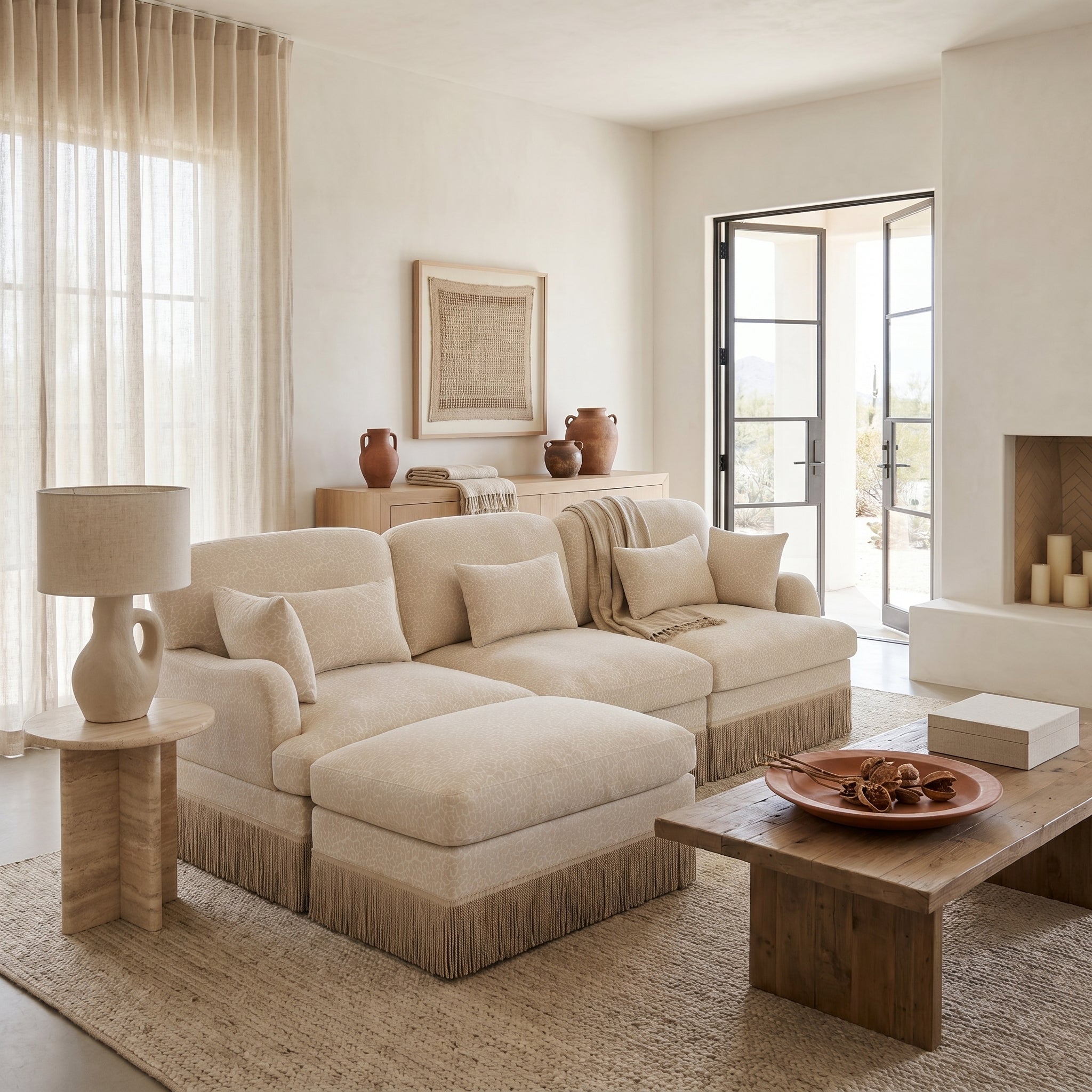 Tucson beige leopard print chenille sectional sofa in cozy living room setting