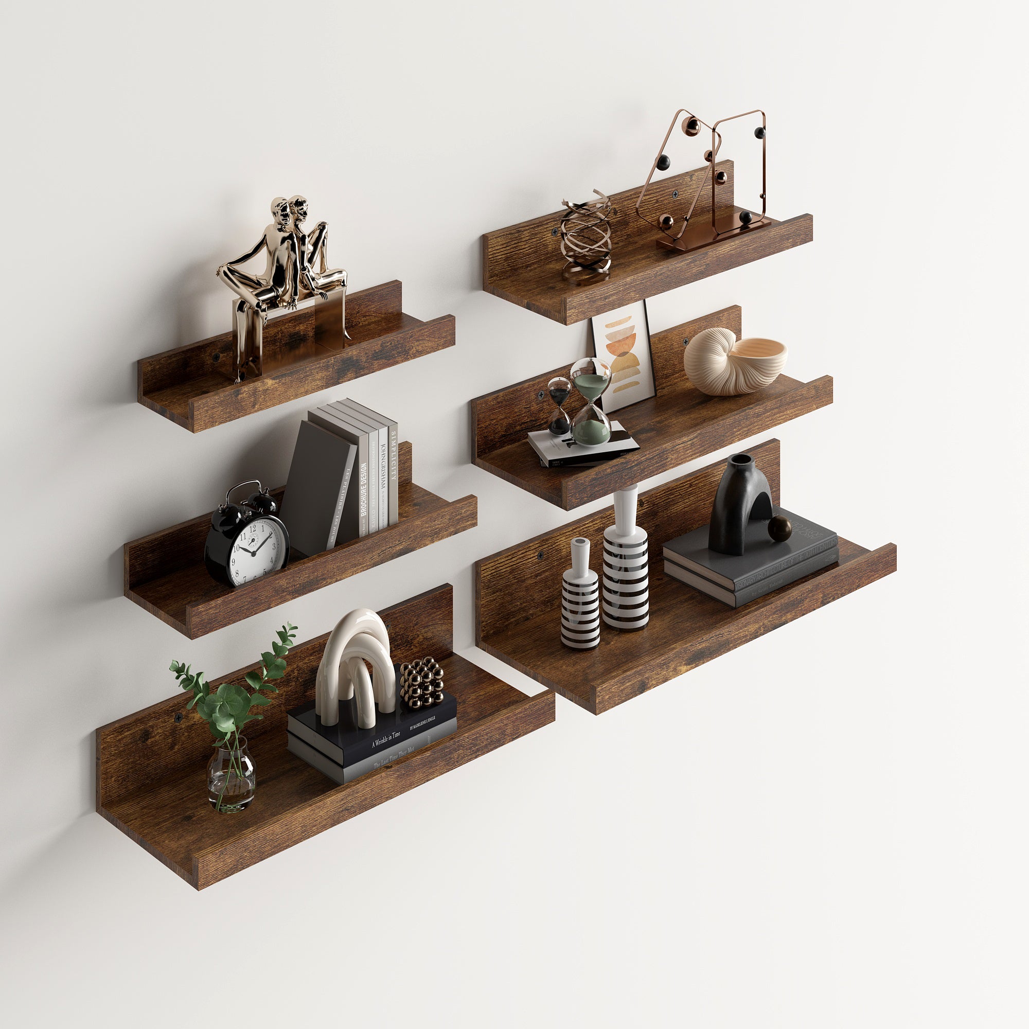 UDAY Picture Ledge Shelves Set of 6 Rustic Brown Wall Mounted Display Shelves with Front Lip for Living Room Bedroom