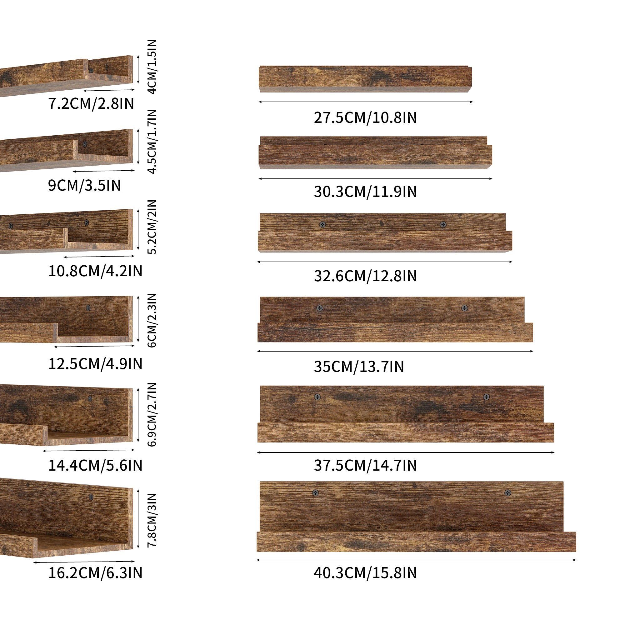 UDAY Picture Ledge Shelves Set of 6 Rustic Brown Wall Mounted Display Shelves with Front Lip for Living Room Bedroom
