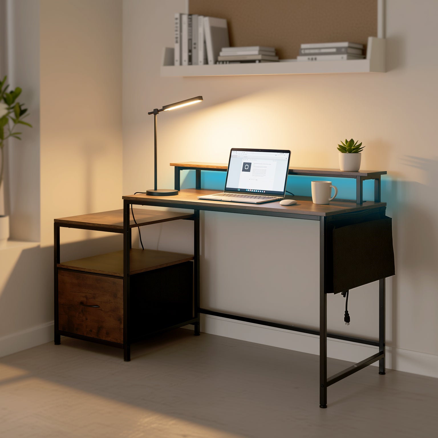 URGOTH Computer Desk with Monitor Shelf, Drawer and Side Storage, Rustic Brown/Black, Charging Station