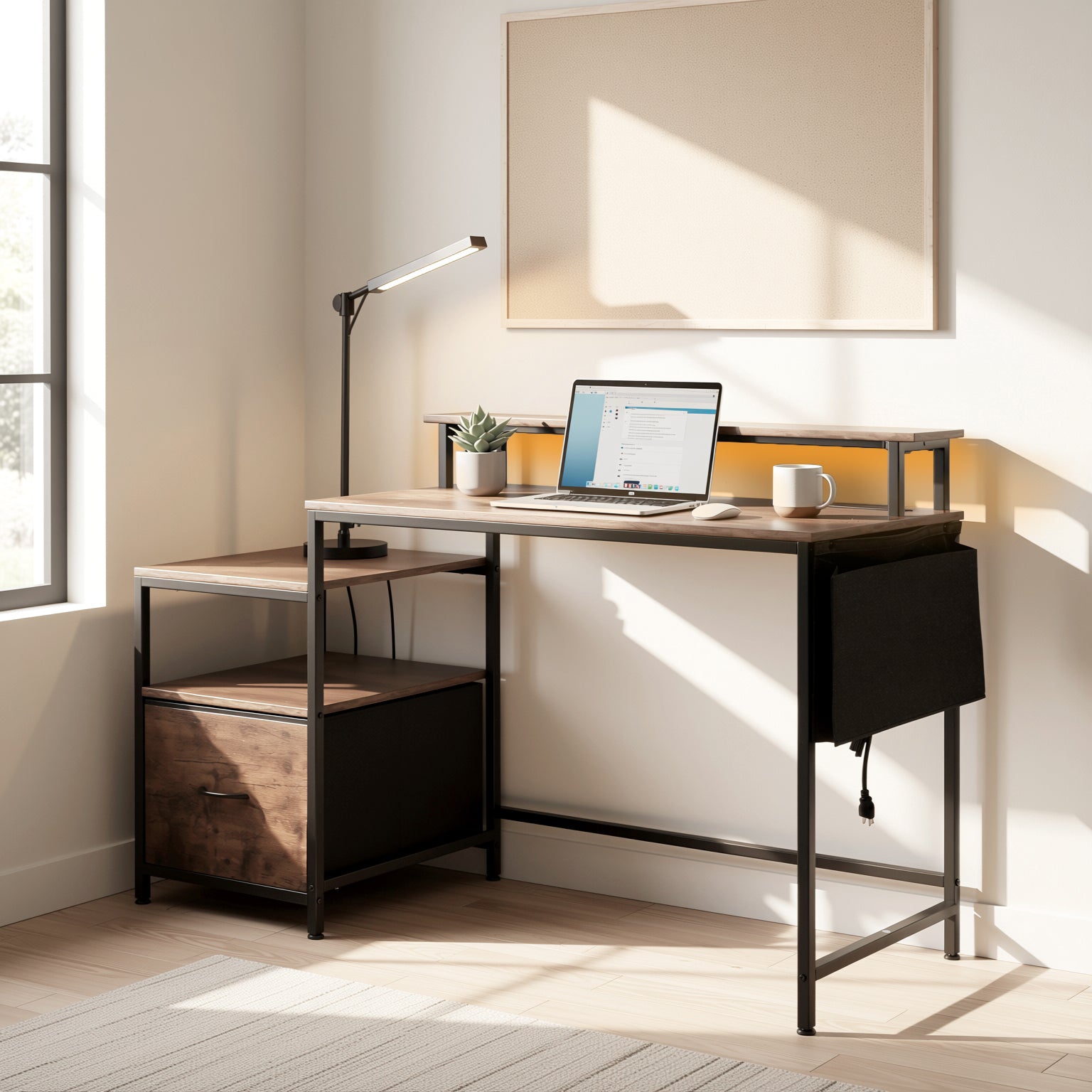 URGOTH Computer Desk with Monitor Shelf, Drawer and Side Storage, Rustic Brown/Black, Charging Station