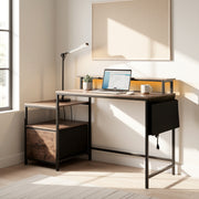 URGOTH Computer Desk with Monitor Shelf, Drawer and Side Storage, Rustic Brown/Black, Charging Station