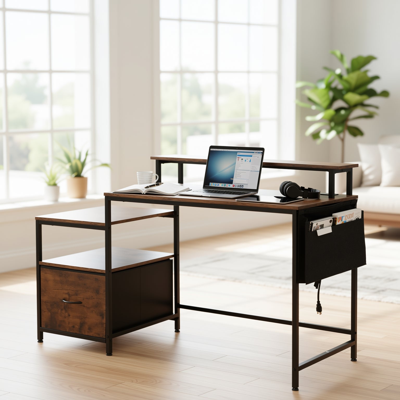 URGOTH Computer Desk with Monitor Shelf, Drawer and Side Storage, Rustic Brown/Black, Charging Station