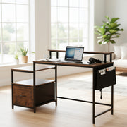 URGOTH 56” Computer Desk with Monitor Shelf, Drawer and Side Storage, Rustic Brown/Black, USB Charging Station