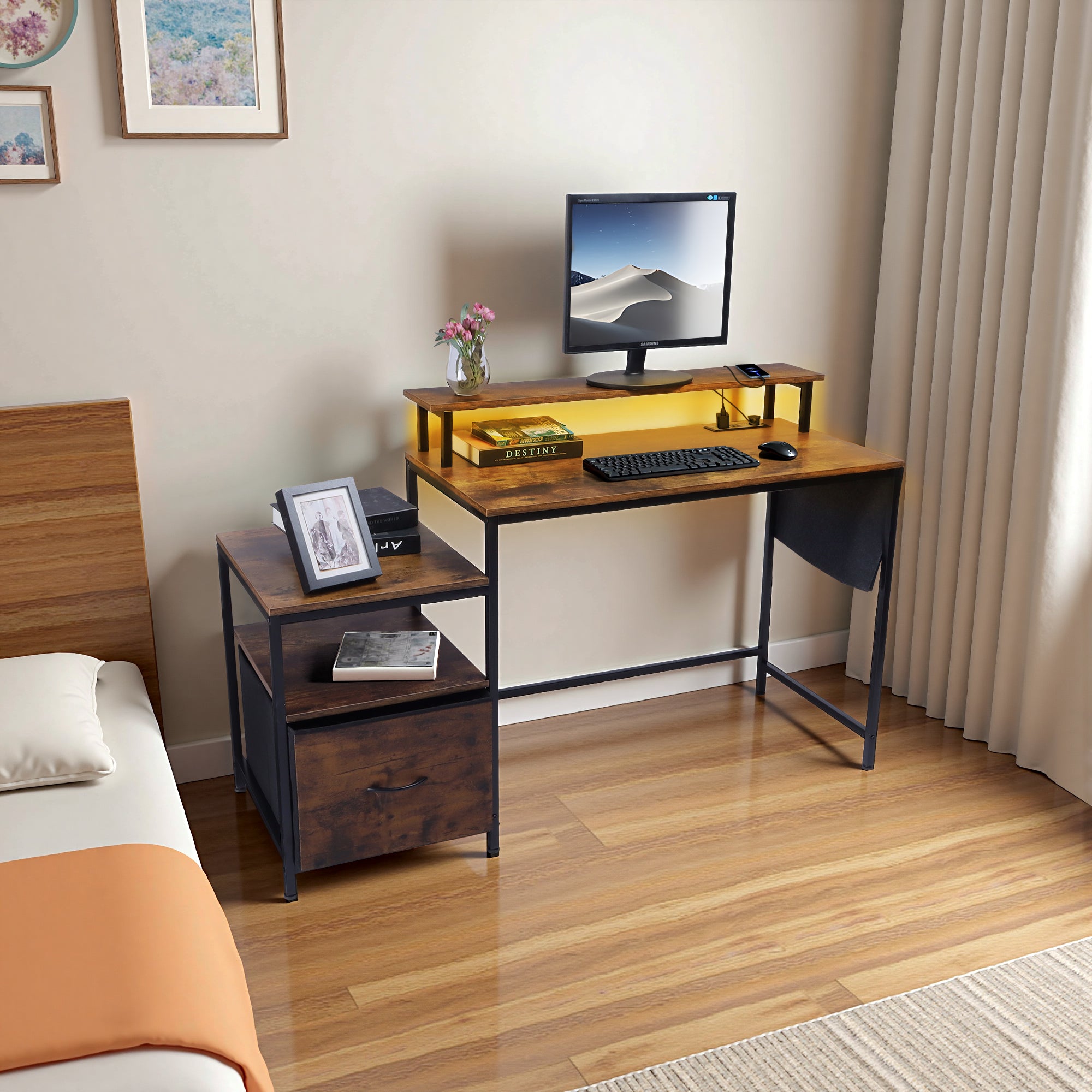 URGOTH Computer Desk with Monitor Shelf, Drawer and Side Storage, Rustic Brown/Black, Charging Station