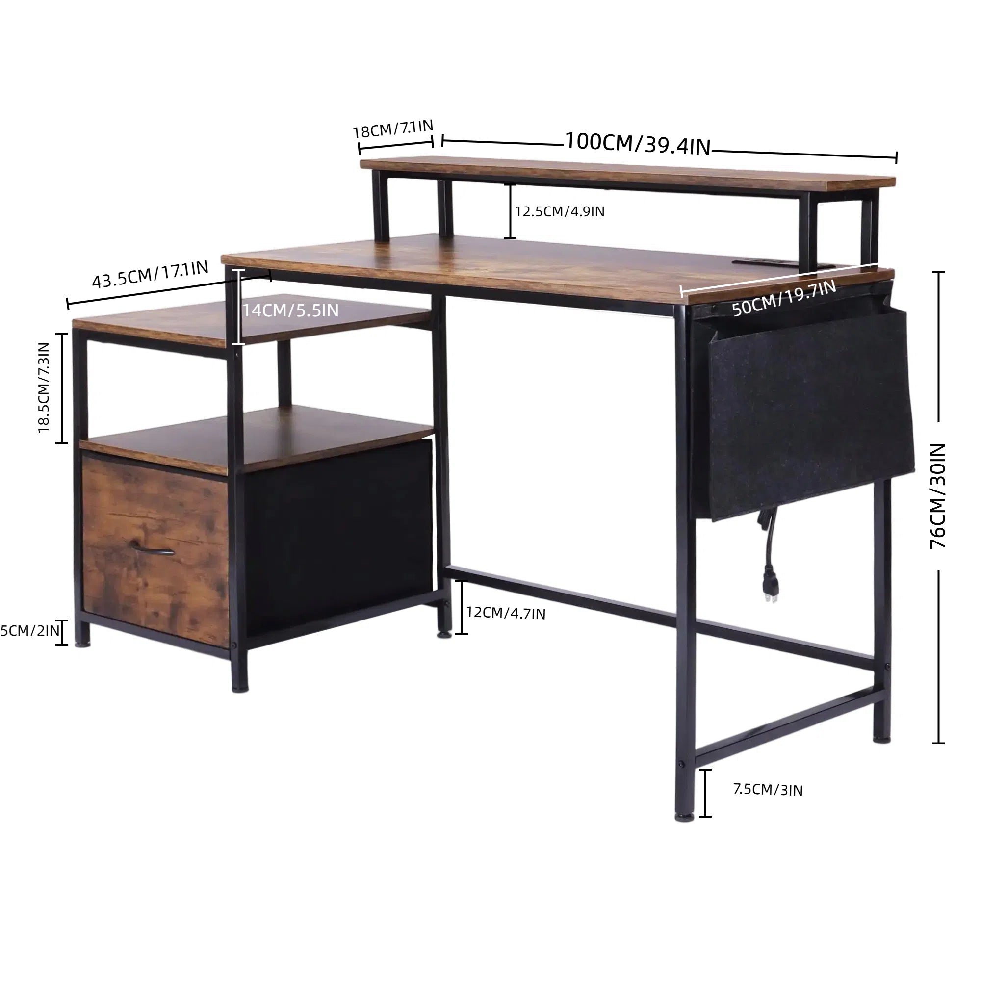 URGOTH Computer Desk with Monitor Shelf, Drawer and Side Storage, Rustic Brown/Black, Charging Station