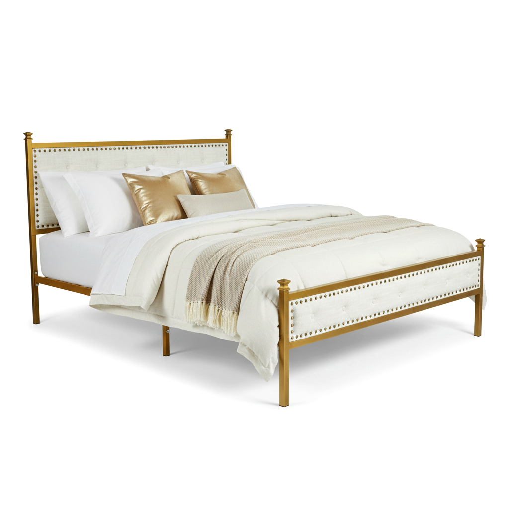 Homy Casa Veleda Mid-Century Upholstered Queen Bed Frame with Gold Accents