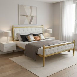 Veleda Mid-Century Upholstered Queen Bed Frame with Gold Accents