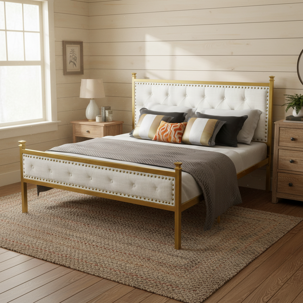 Homy Casa Veleda Mid-Century Upholstered Queen Bed Frame with Gold Accents