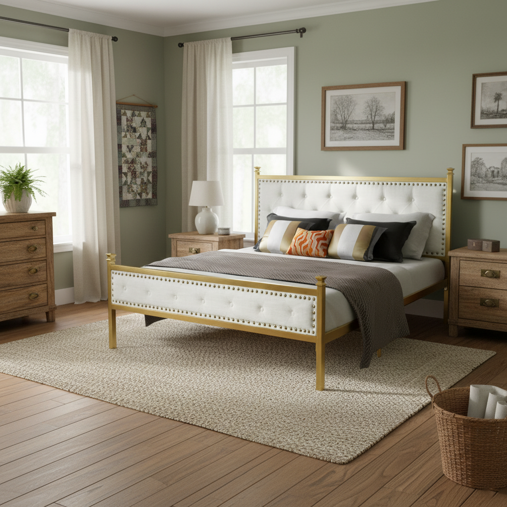 Veleda Mid-Century Upholstered Queen Bed Frame with Gold Accents