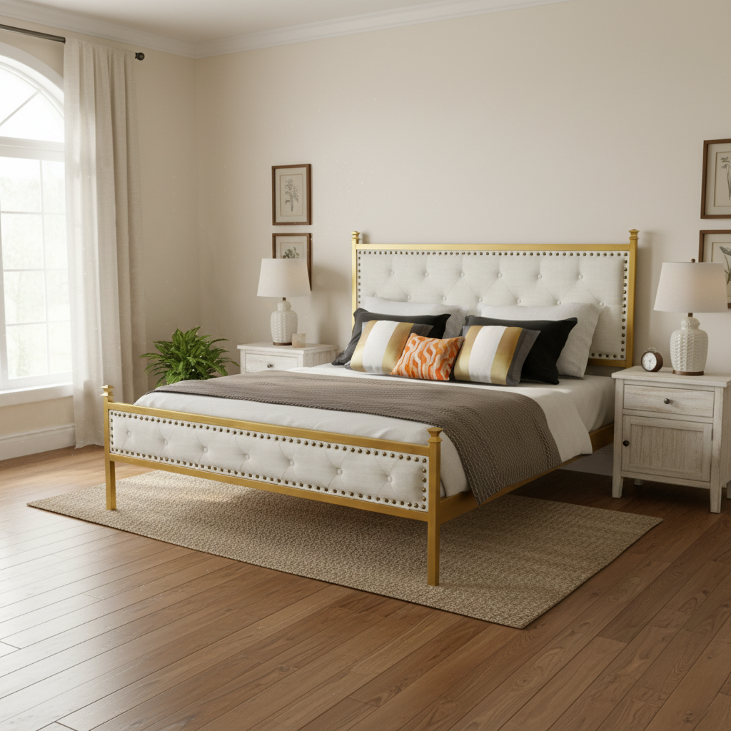 Veleda Mid-Century Upholstered Queen Bed Frame with Gold Accents