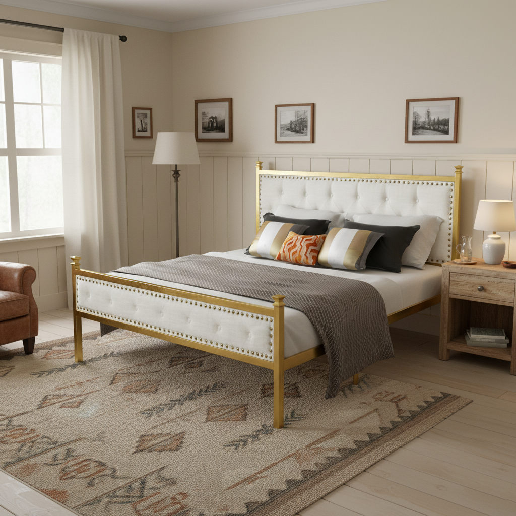 Homy Casa Veleda Mid-Century Upholstered Queen Bed Frame with Gold Accents