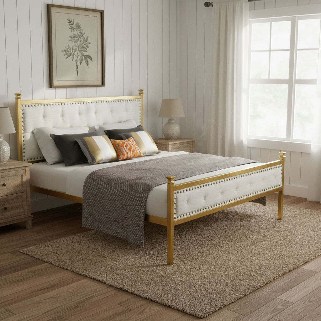 Homy Casa Veleda Mid-Century Upholstered Queen Bed Frame with Gold Accents